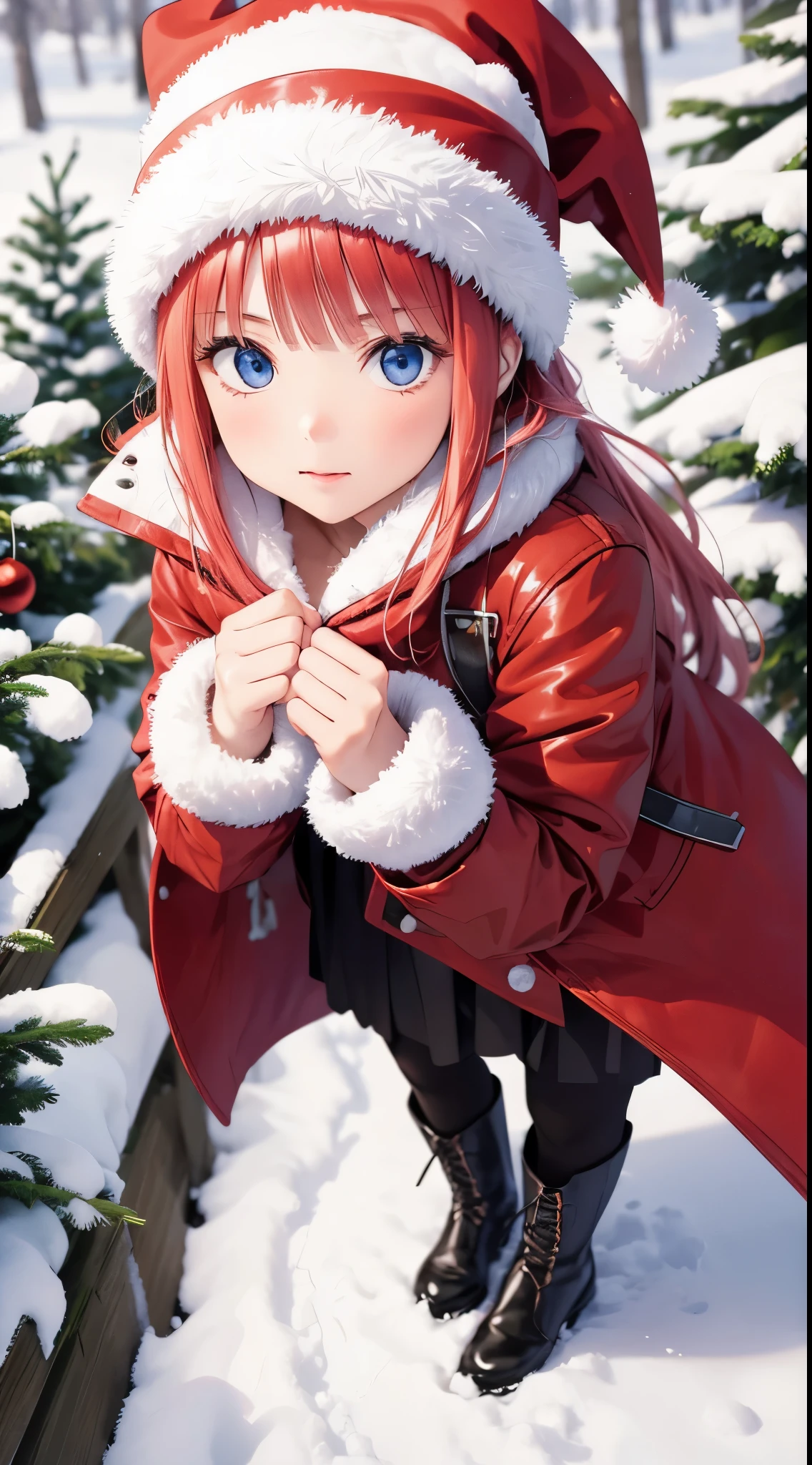 Nino Nakano ,sexy ,christmas coat and boots,christmas pine snowy forest