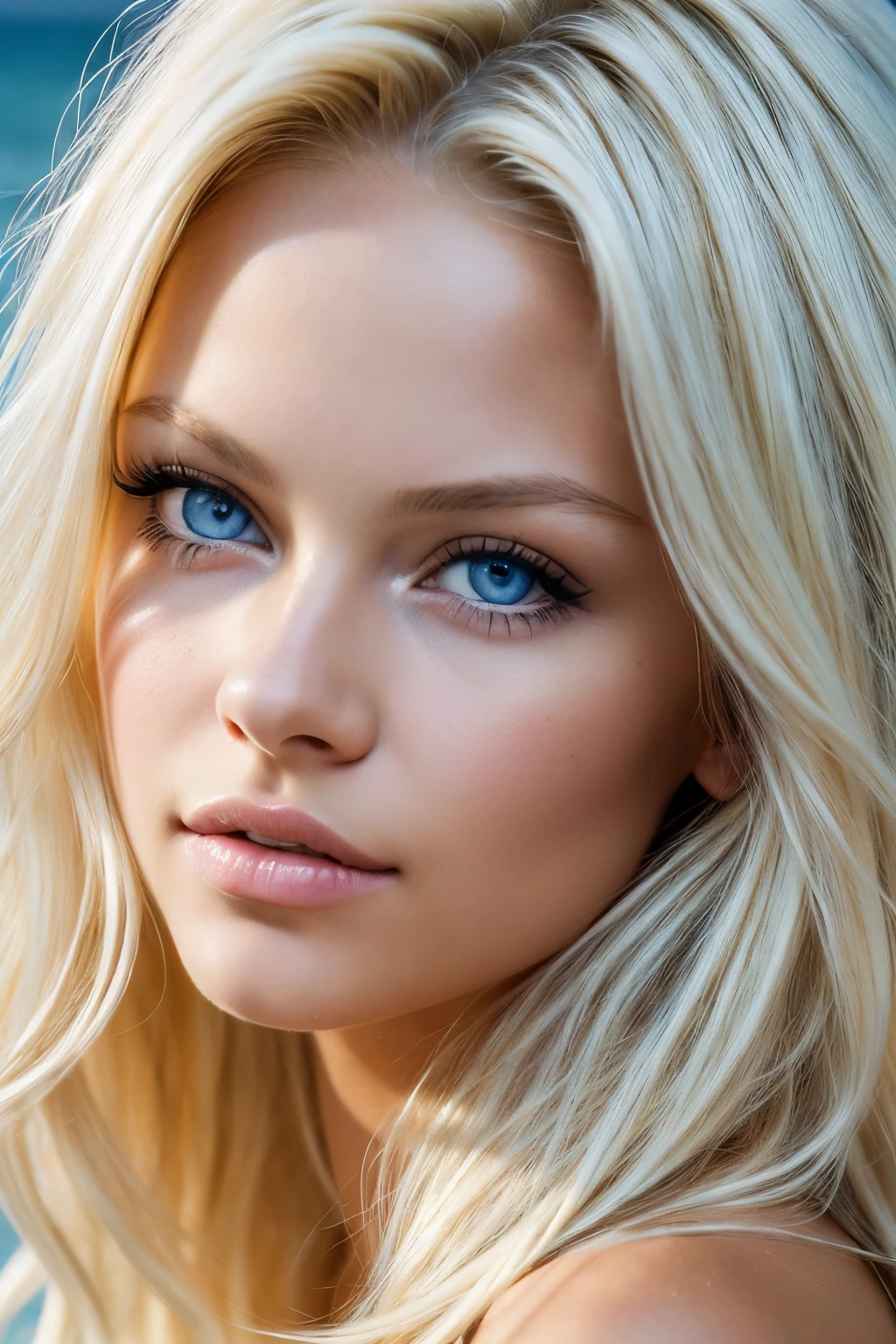 Pamela Anderson, long platinum blonde wavy messy hair, (detailed blue eyes), (((masterpiece, portrait, close-up))).