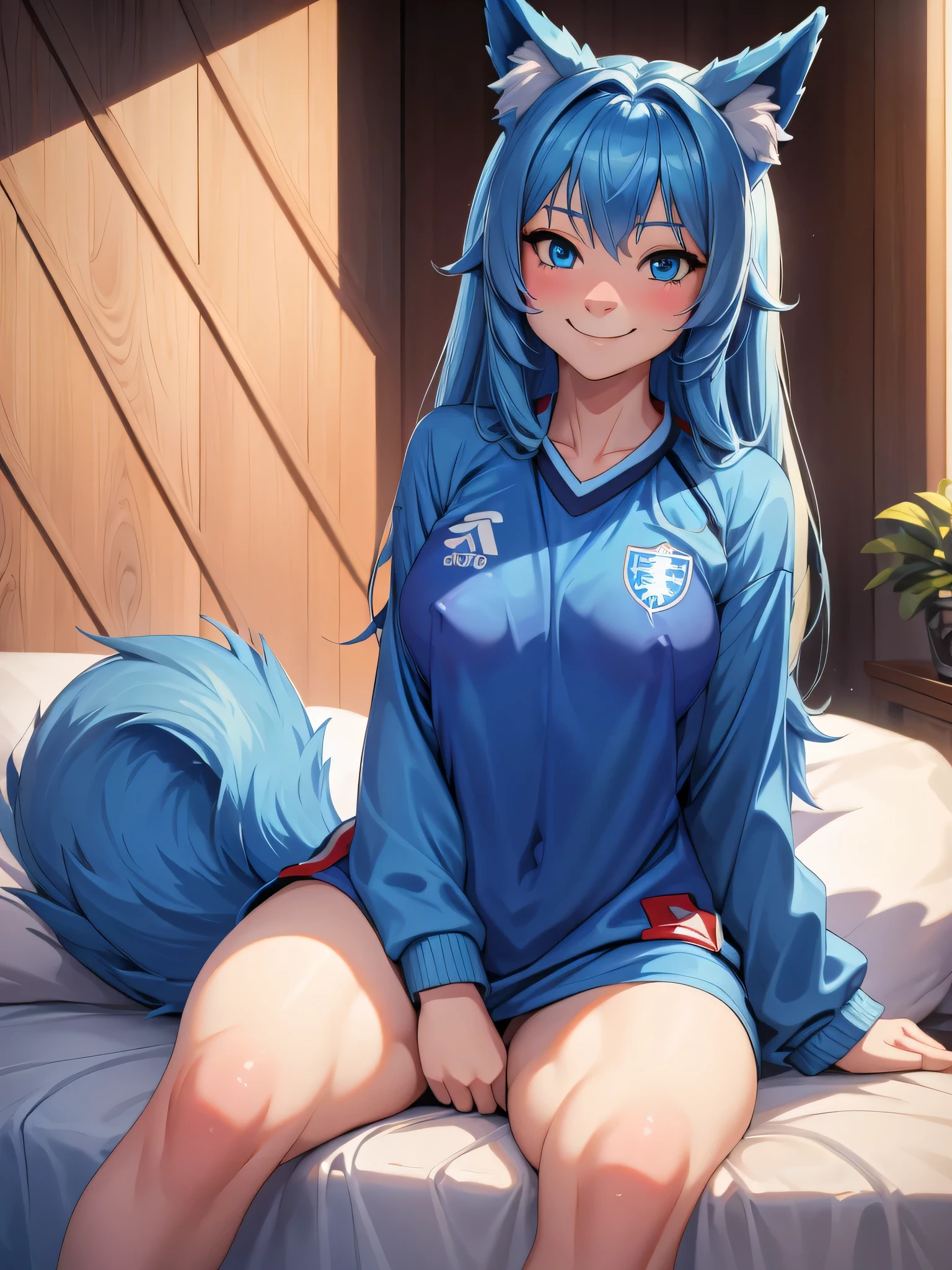 (Masterpiece) (High Detail) (High Res) A short skinny humanoid girl with pale human skin and blue eyes and long blue hair and blue dog ears and a big fluffy dog tail and small average breasts with small nipples. British face. She is smiling and is dressed in a baggy oversized soccer jersey and nothing else. Sitting on a bed.