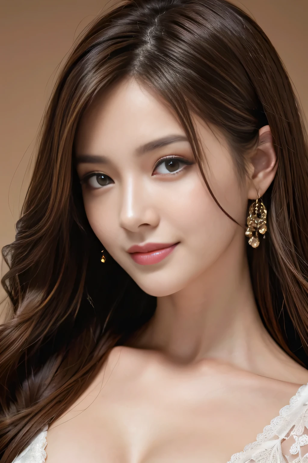 Close up of woman in pink off-shoulder top, curly black hair, pearl drop earrings. (8K, Best Quality : 1.2), (Masterpiece, Photorealistic : 1.3), Super Detail