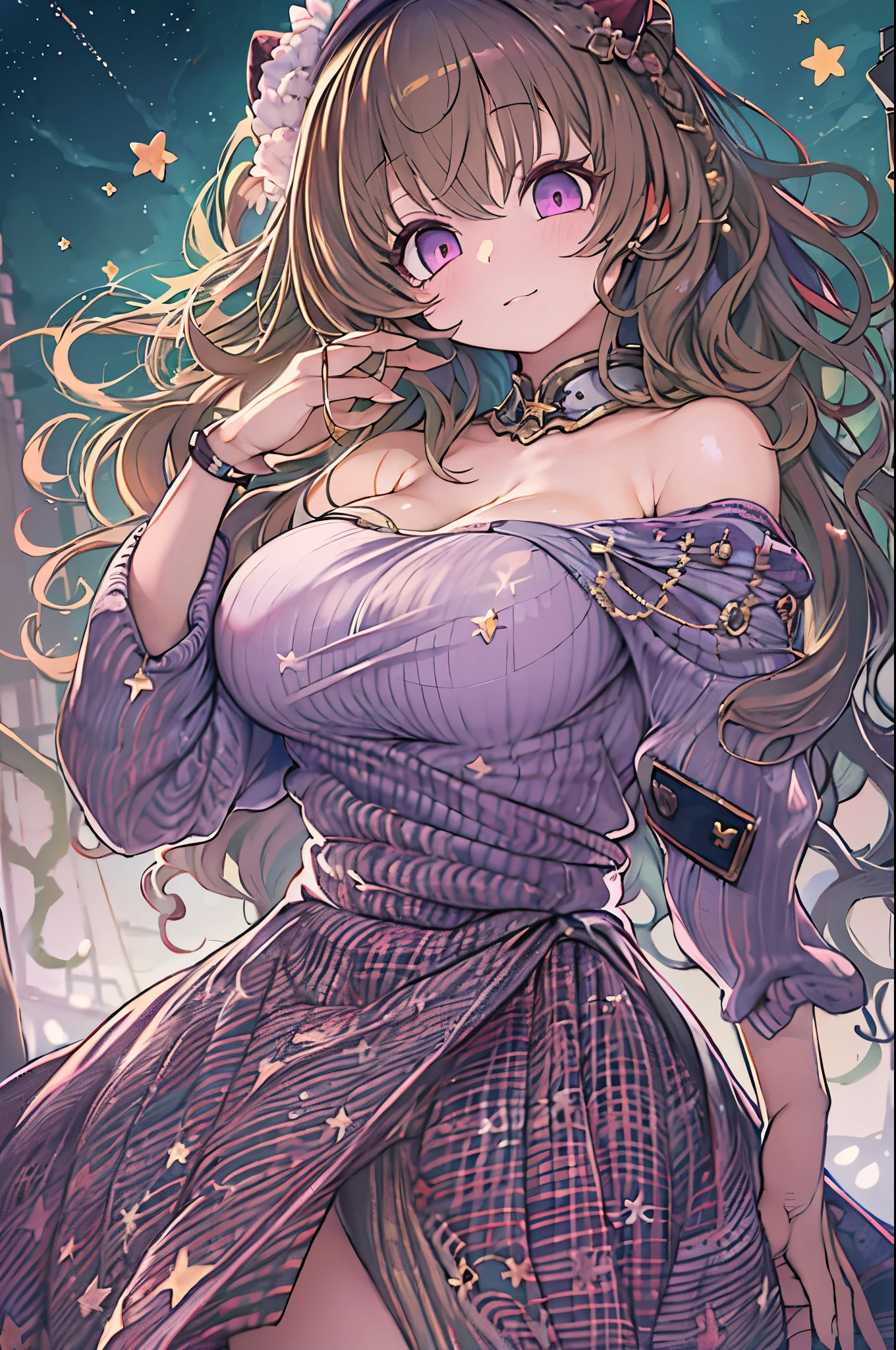 Detailed background, masutepiece, Best Quality, 1 person , Curly hair, Long hair, Purple eyes, Stars in the eyes , Strapless blouse, long skirt、huge-breasted