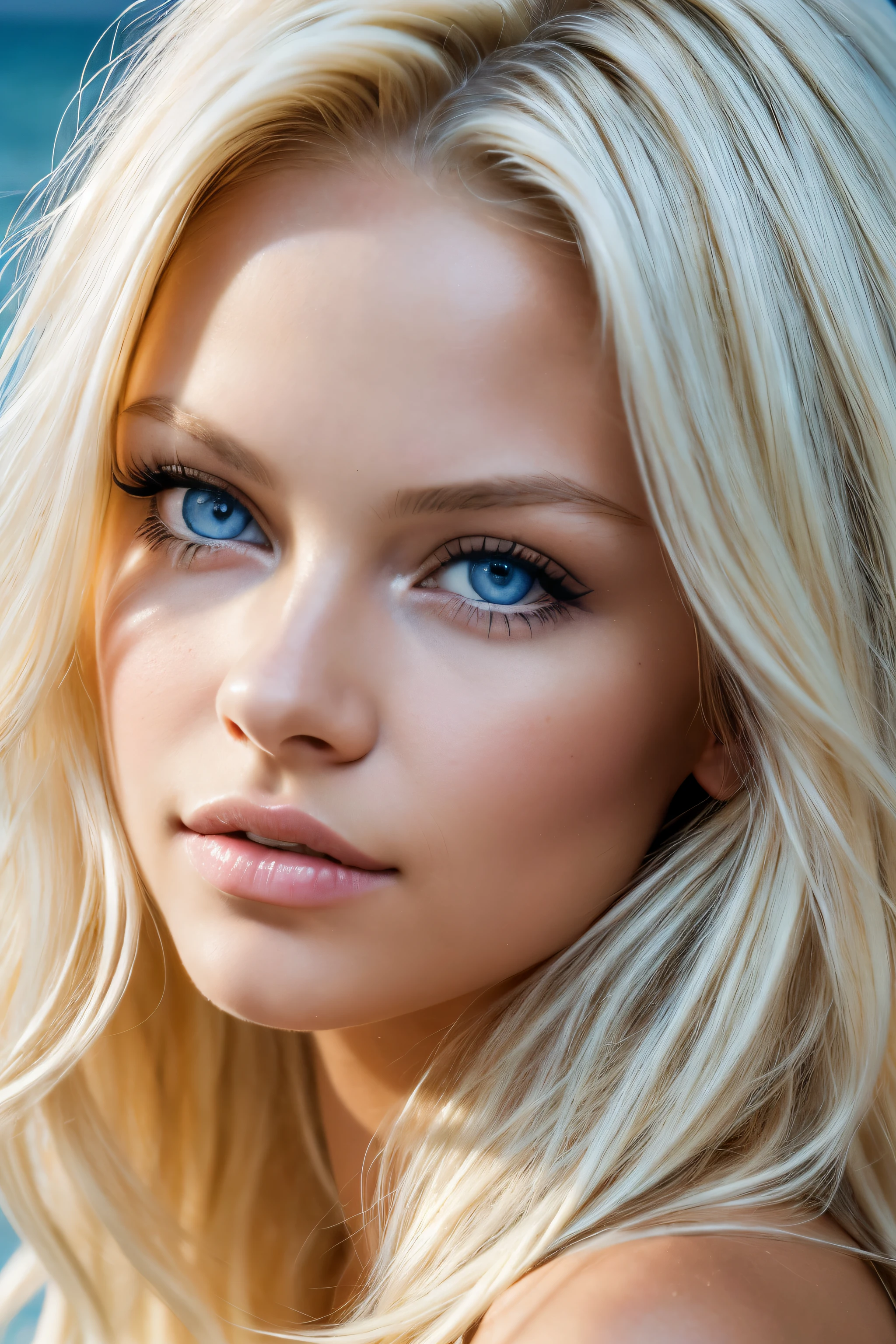 16 year old Pamela Anderson, long platinum blonde wavy messy hair, (detailed blue eyes), (((masterpiece, portrait, close-up))).