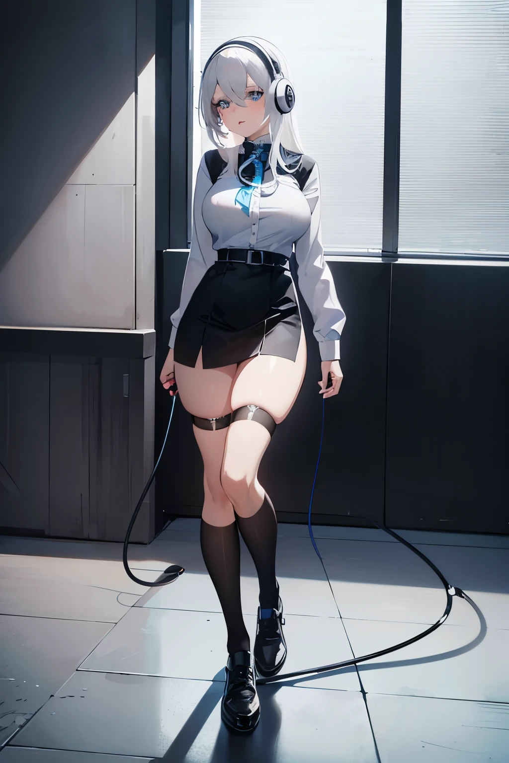 "anime girl, 1 person, silver white hair mixed with black, blue eyes, wearing headphones, female shirt, female school uniform, big breasts, chin in hand, stockings, standing cross-legged, licking lips,chibi,full body ,solo,side view, (full HD 4K+ image)"