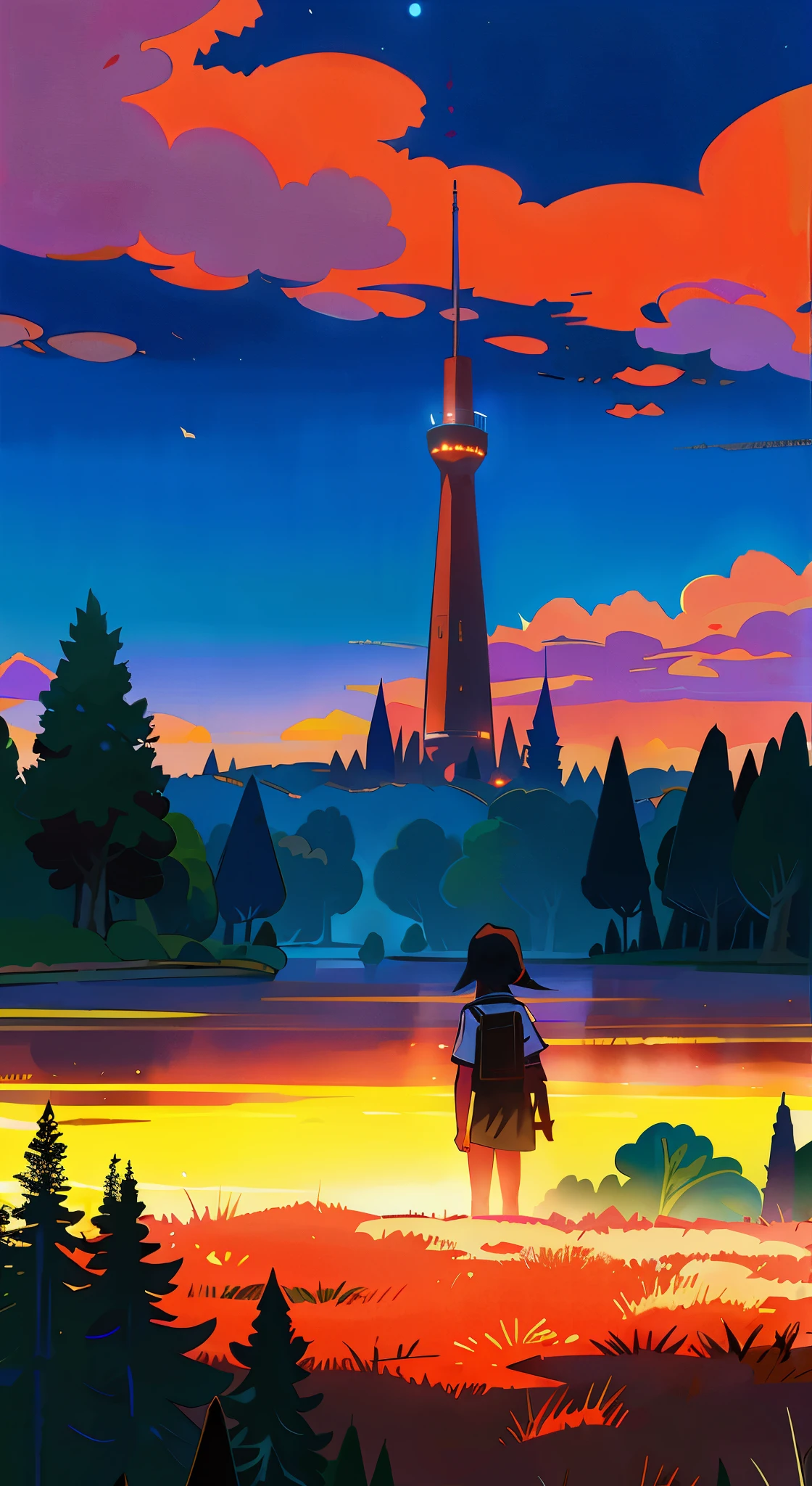 13 years old girl, stand back for her back, she wearing sailor uniform, she has a short black hair, look a large red network tower wiht the transmitter in distance, while the tower among forest. The time is night with a lot of stars. Change color to the light color.