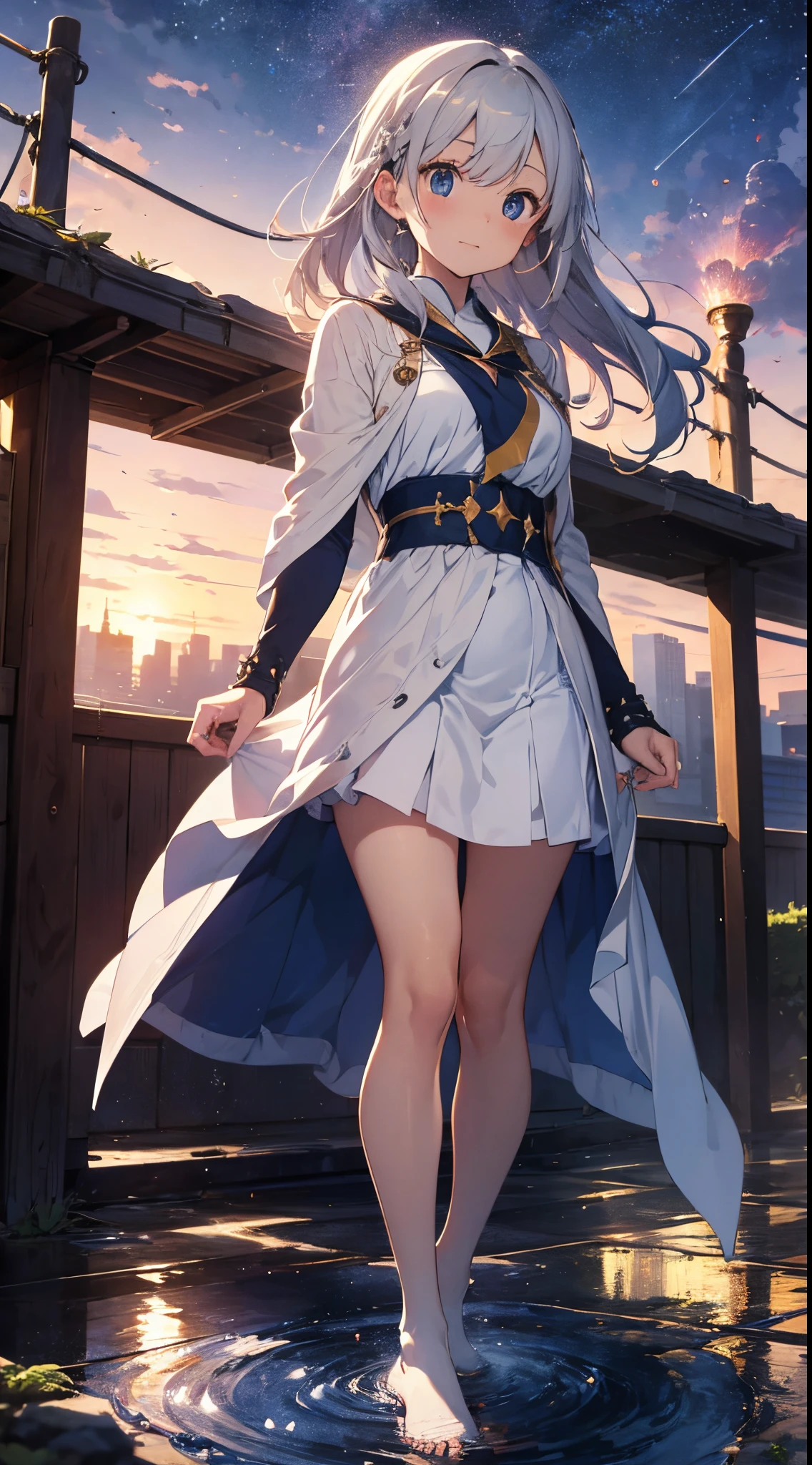 「On the roof of the magic academy、(Teacher of magic:1.3)But、Hold your magic wand high、The scene of the moment when super-celestial magic is activated。彼女の長い銀髪But風に舞い上Butり、His eyes are deep blue.、stele々But映り込んでいる。Her attire is、In white and golden mage robes、その裾からはsteleの模様Butちりばめられている。彼女の足元からは魔法の円But広Butり、その中心から空高くメテオBut降り注ぐ壮大な景色But広Butっている。In the distance、City lights at night and、驚愕する生徒たちの姿But見える。」