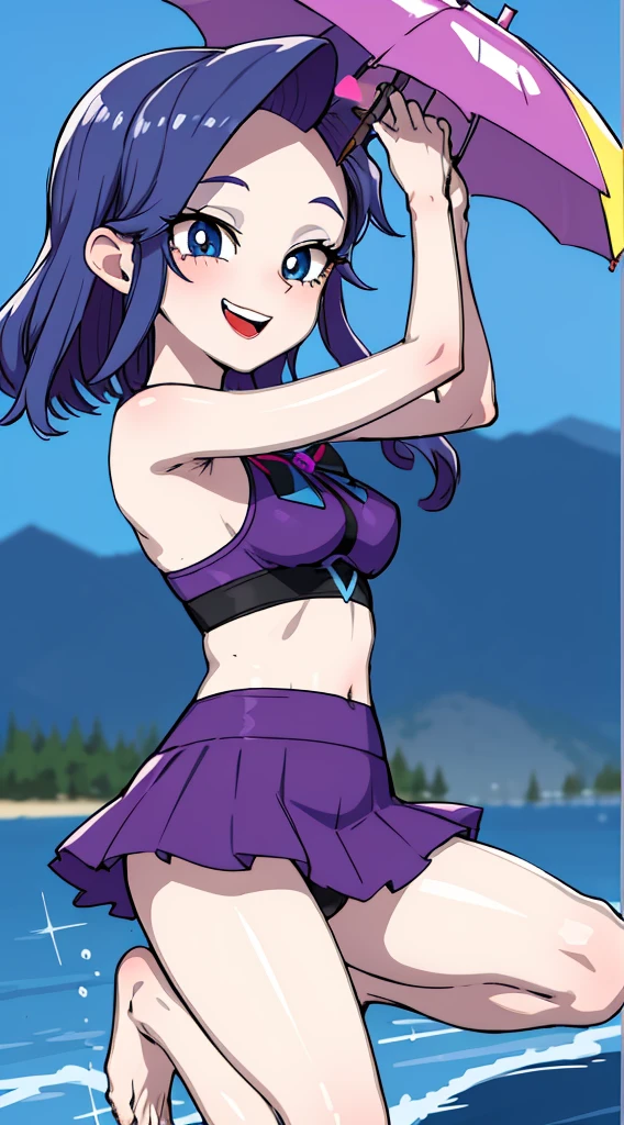 tmasterpiece,Best quality at best,1个Giant Breast Girl,Alone,Irregularity,colored skin,hair adornments,Purple colored hair,eBlue eyes,比基尼,swim wears, The barefoot,posing on a, full bodyesbian, ssmile