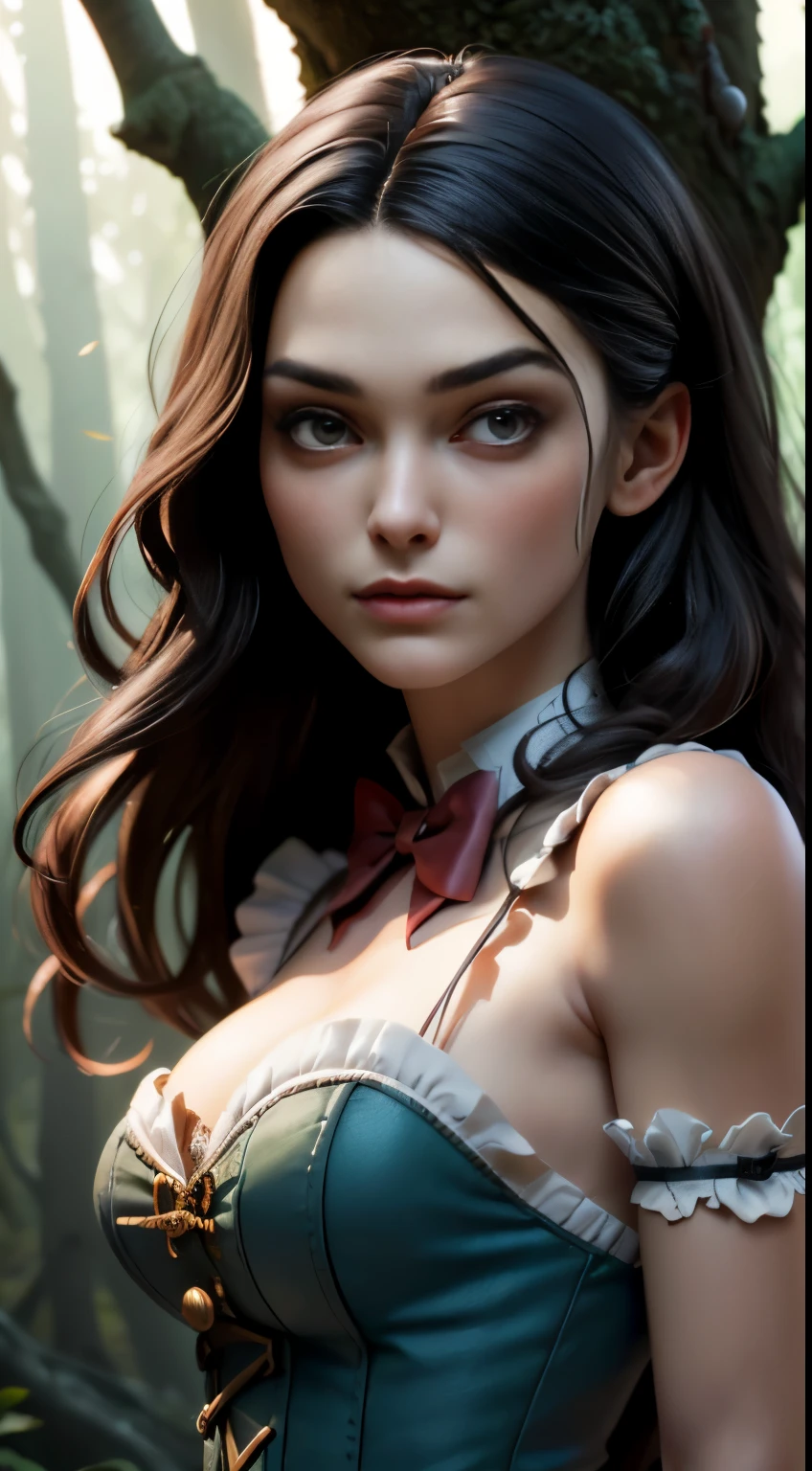 photo of Keira Knightley, RAW, beautiful woman, ((portrait)), ((detailed face:1.2)), ((detailed facial feature, detailed skin, clear skin), (perfect proportioned body), ((wearing American McGee's Alice in Wonderland outfit)), (high detailed giant mystical forest), (arms behind back: 1.2), (realistic photo, best quality, detailed), (8k wallpaper), (cinematic lighting, dramatic lighting) (sharp focus, intricate)