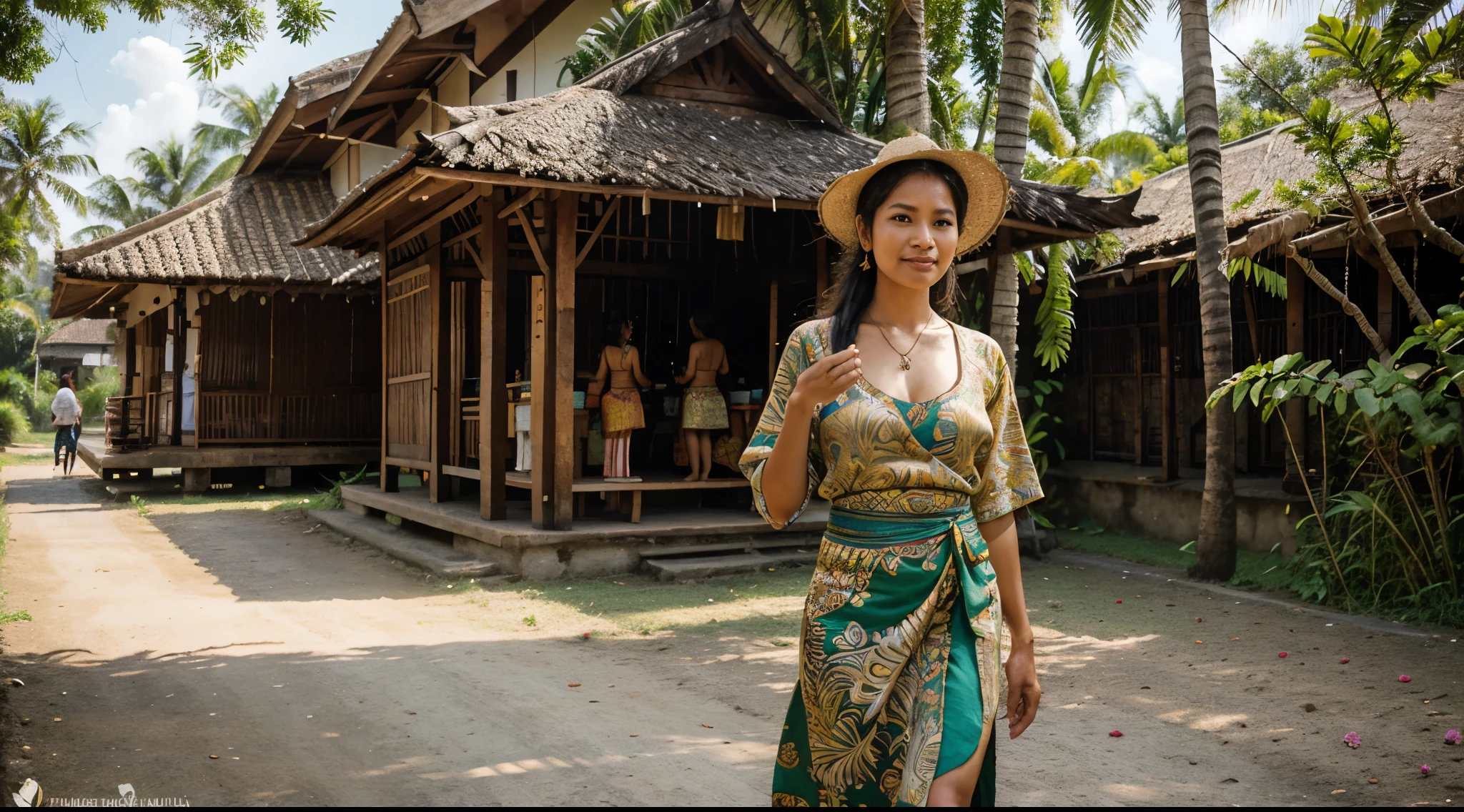 girl on Indonesian country road, oil painting, vibrant colors, tropical foliage, traditional hat, batik dress, warm sunlight, rustic wooden houses, dusty pathway, straw basket, green rice fields, peaceful atmosphere, serene expression, lush palm trees, blooming flowers, traditional architecture, local villagers, traditional farming tools, bustling market, rich cultural heritage, beautiful sunset, natural beauty, tranquil setting, relaxed posture, traditional jewelry, vibrant culture, traditional music, joyous celebration, vibrant art scene, Balinese temple, traditional dance, friendly locals, mouth-watering street food, local crafts, spiritual vibes