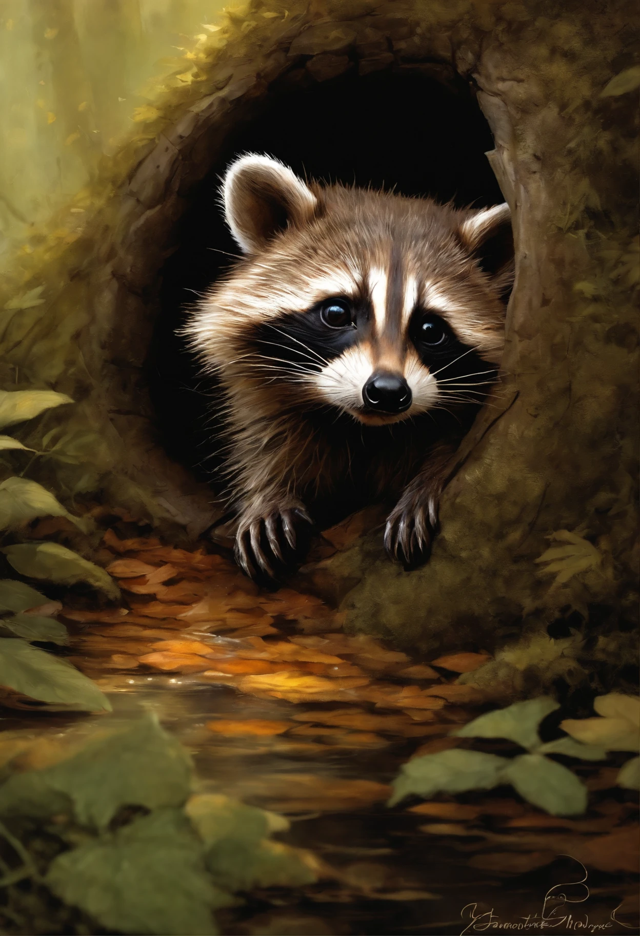 真实感, Painting by Jean-Baptiste Monge of a  cute raccoon.. , looks out of the hollow, puddles on a summer autumn day, jean - baptiste monge, anthropomorphic --ar 2:3 --testp -optimistic;