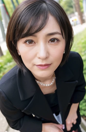 ((1人の女性,The most beautiful faces in Japan,40 years,Old face,A MILF,There are wrinkles at the corners of the eyes,a park,Shot up close,Looking at the camera,View here)),((((Black shirt,Black suit jacket,Black skirt)))),((pearls necklace,Classy hairstyle,natural make up,The chest is very bulging,Smile here,Lowered eyebrows,drooping eyebrows,Staring at them with an adorable expression,stand in front of a bamboo forest,Wearing black high heels,Looking at the camera,look at a camera,Take a photo above from your lap)),((Turn to this,View here,Perfect fingers,perfect arms,细致背景,top-quality,The ultra -The high-definition,Perfect Anatomy,high-definition RAW color photography,professional photograpy, extremely delicate and beautiful, Extremely detailed,finely detail, Huge file size,Top image quality,8K,Award-Winning Works,masutepiece)),(((Black pantyhose:1.3,Her pantyhose is transparent and her thighs are visible..........))),(remote Play:1.5), remote_vibrating,
