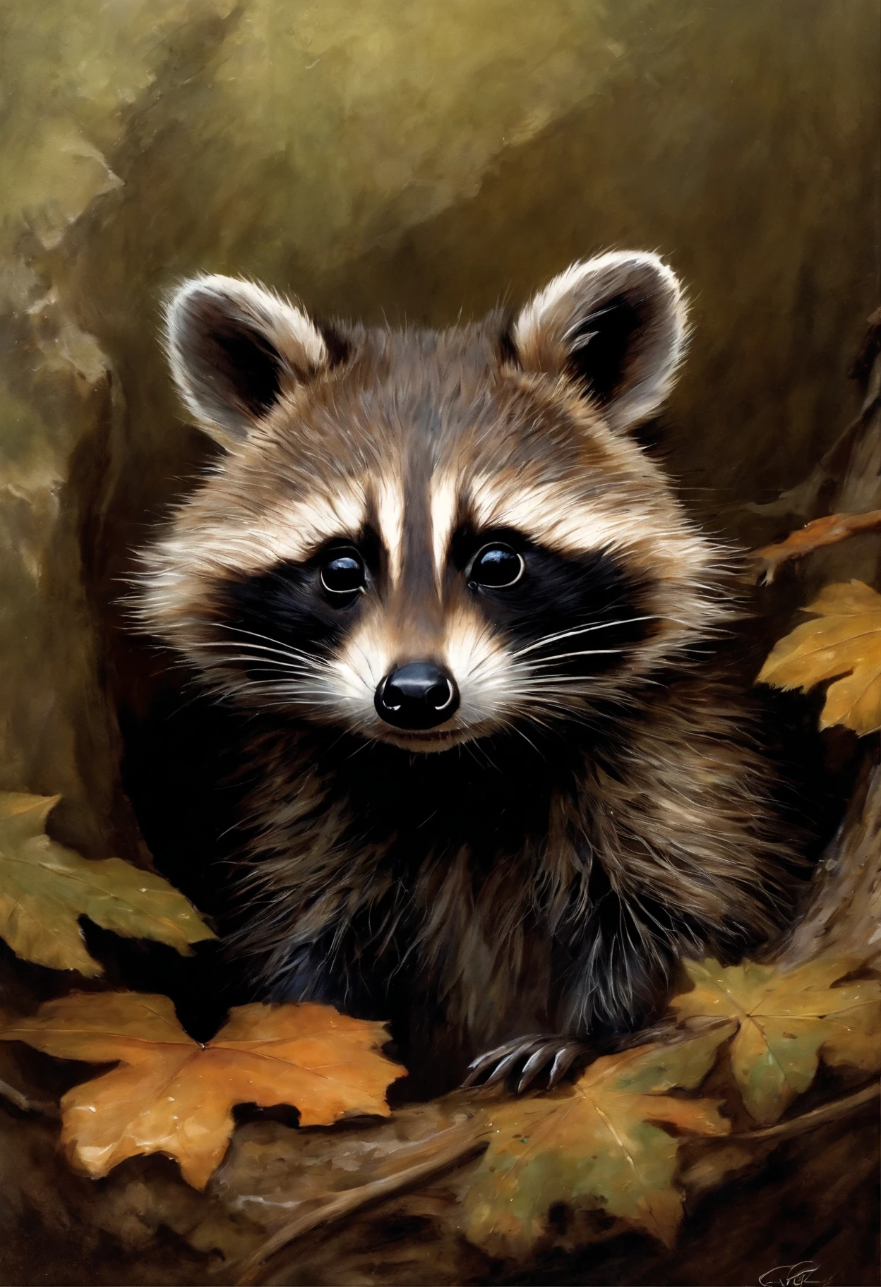 真实感, Painting by Jean-Baptiste Monge of a baby cute raccoon.. , looks out of the hollow, puddles on a summer autumn day, jean - baptiste monge, anthropomorphic --ar 2:3 --testp -optimistic;