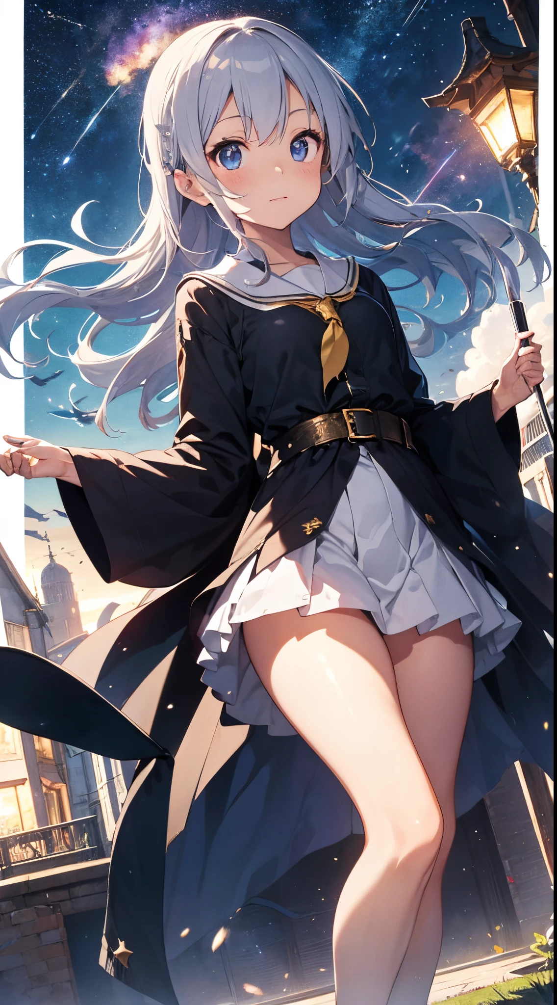 「On the roof of the magic academy、(Teacher of magic:1.3)But、Hold your magic wand high、The scene of the moment when super-celestial magic is activated。彼女の長い銀髪But風に舞い上Butり、His eyes are deep blue.、stele々But映り込んでいる。Her attire is、In white and golden mage robes、その裾からはsteleの模様Butちりばめられている。彼女の足元からは魔法の円But広Butり、その中心から空高くメテオBut降り注ぐ壮大な景色But広Butっている。In the distance、City lights at night and、驚愕する生徒たちの姿But見える。」