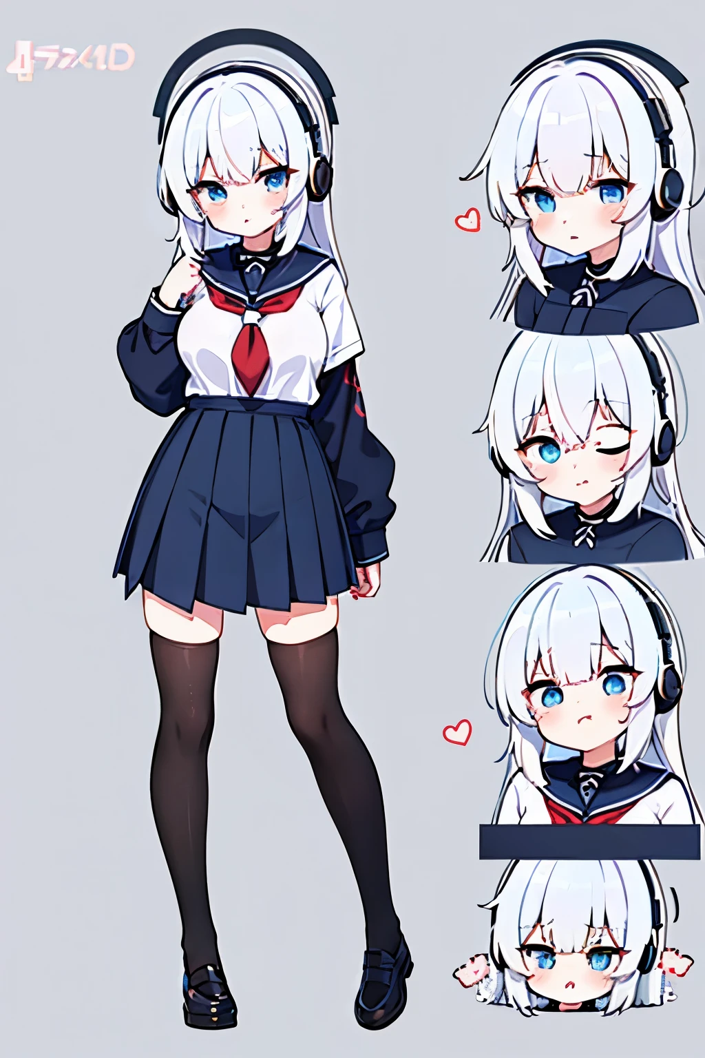 "anime girl, 1 person, silver white hair mixed with black, blue eyes, wearing headphones, female shirt, female school uniform, big breasts, chin in hand, stockings, standing cross-legged, licking lips,chibi,full body ,solo,side view, (full HD 4K+ image)"