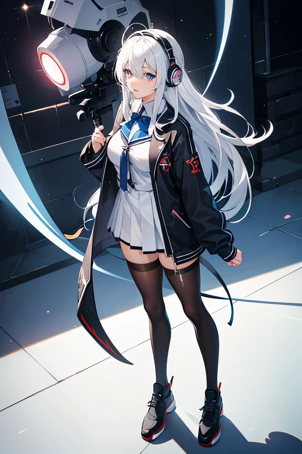 "anime girl, 1 person, silver white hair mixed with black, blue eyes, wearing headphones, female shirt, female school uniform, big breasts, chin in hand, tights, standing cross-legged, licking lips,chibi,full body ,solo,side view, (full HD 4K+ image)"