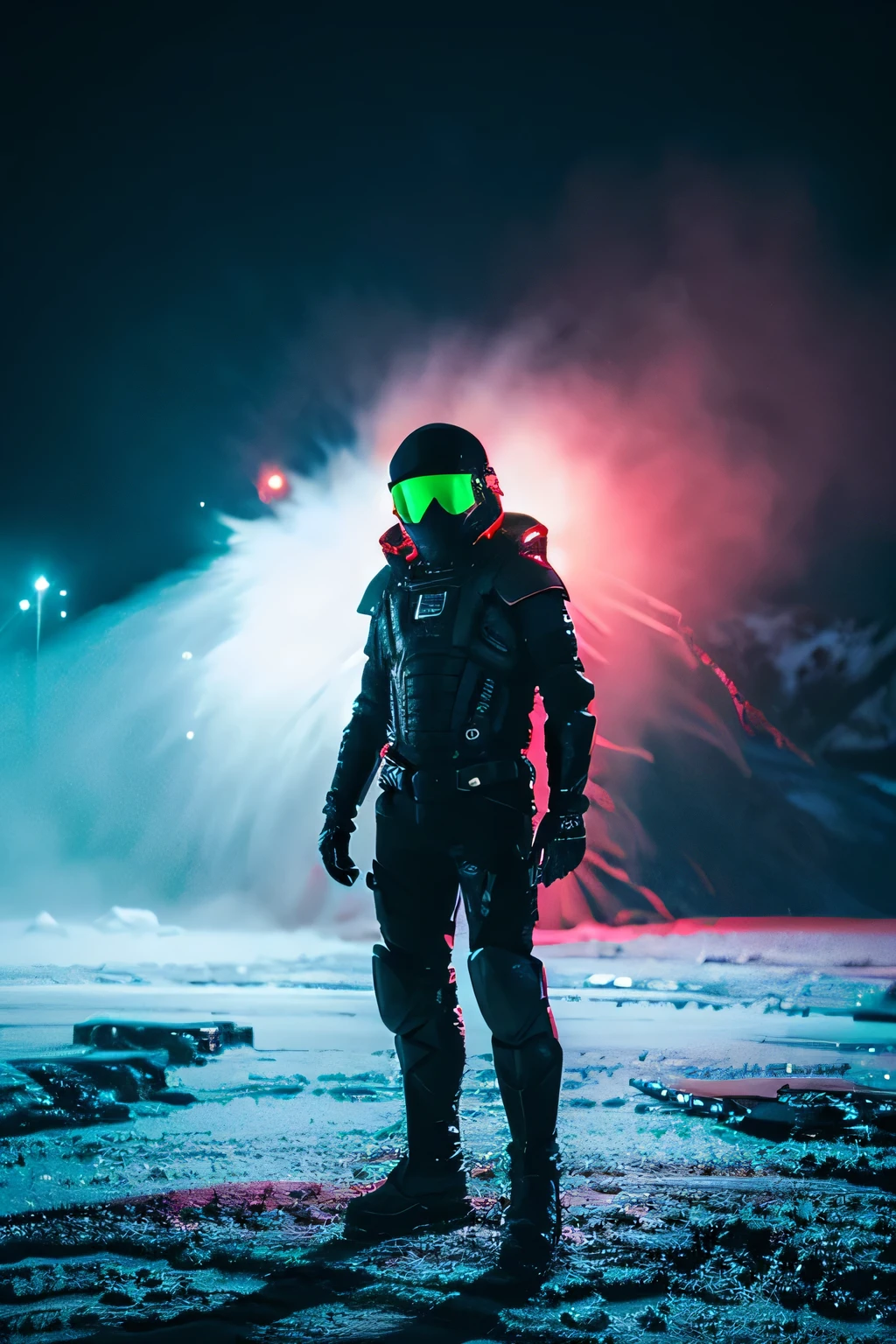 boy wearing black armor，wears dark glasses，oda'It's an alien creature standing behind and attacking.，The surrounding environment is icy and snowy，neonlight，电影灯光，