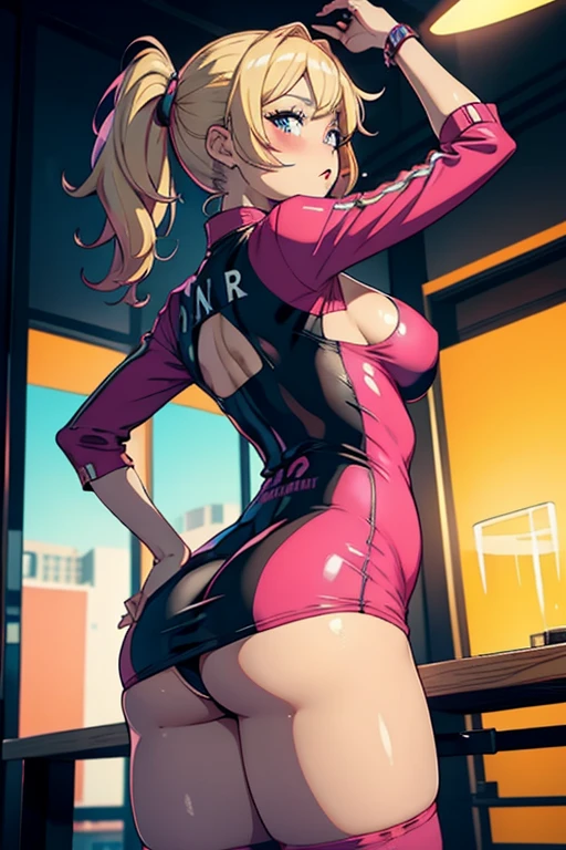 ultra realista 8k CG, master part, 1girl, bimbo girl, big tits, fat ass, little tight dress, hot pink, blond, slutty girl, tan,