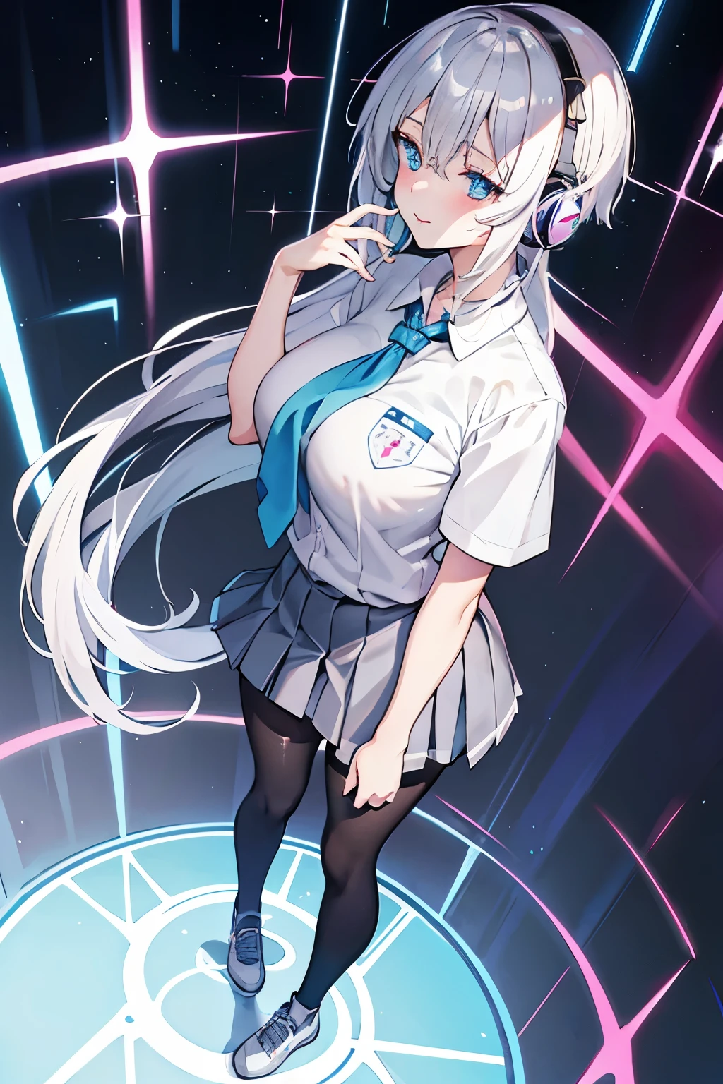 "anime girl, 1 person, silver white hair mixed with black, blue eyes, wearing headphones, female shirt, female school uniform, big breasts, chin in hand, tights, standing cross-legged, licking lips,chibi,full body ,solo,side view, (full HD 4K+ image)"