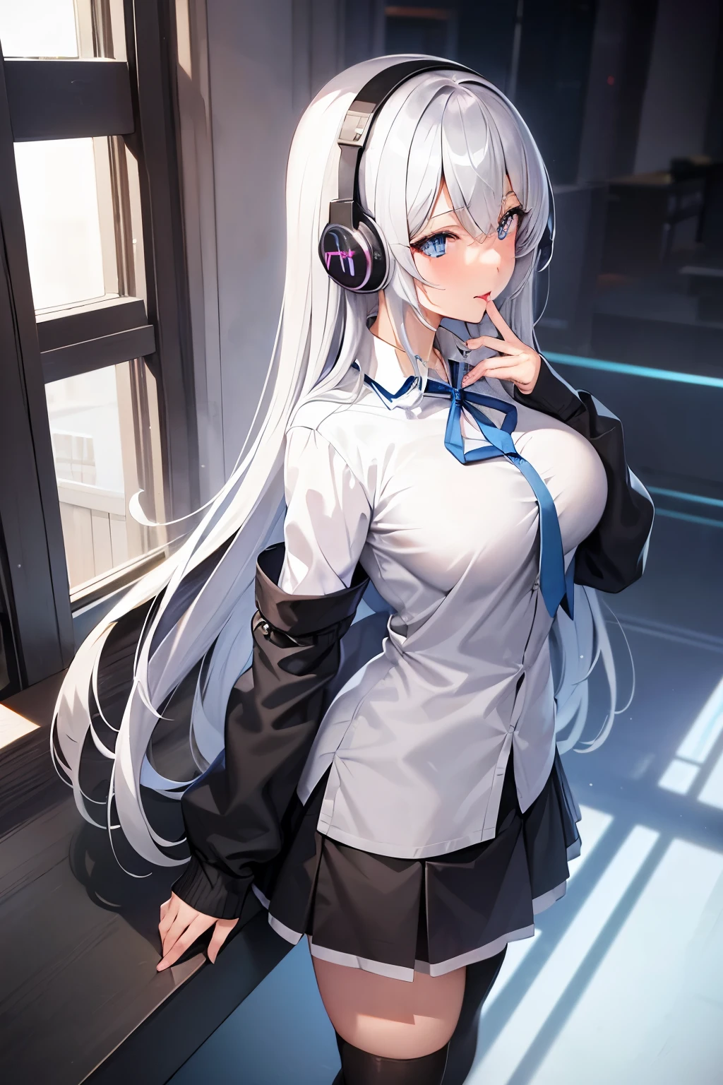 "anime girl, 1 person, silver white hair mixed with black, blue eyes, wearing headphones, female shirt, female school uniform, big breasts, chin in hand, tights, standing cross-legged, licking lips,chibi,full body ,solo,side view, (full HD 4K+ image)"