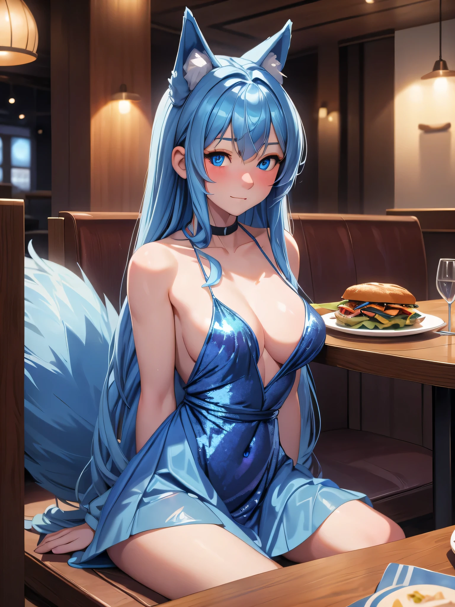 (Masterpiece) (High Detail) (High Res) A short ite humanoid girl with pale human skin and blue eyes and long blue hair and blue dog ears and a big fluffy dog tail and small average breasts with small nipples. British face. She is sat alone at a table in a restaurant and is wearing a blue sequin covered dress. She looks shy.