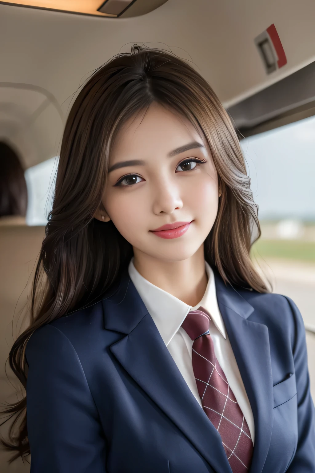 Best quality, realistically, ultra - detailed, Detailed pubic hair, A high resolution, solid color backdrop,8k wallpaper, 1 Beautiful woman,light brown messy hair, Wear a flight attendant suit, lock focus, Perfect dynamic composition, beautidful eyes, Delicate hair, 细致realistically的皮肤纹理, Smiling, closeup portrait, Model body type