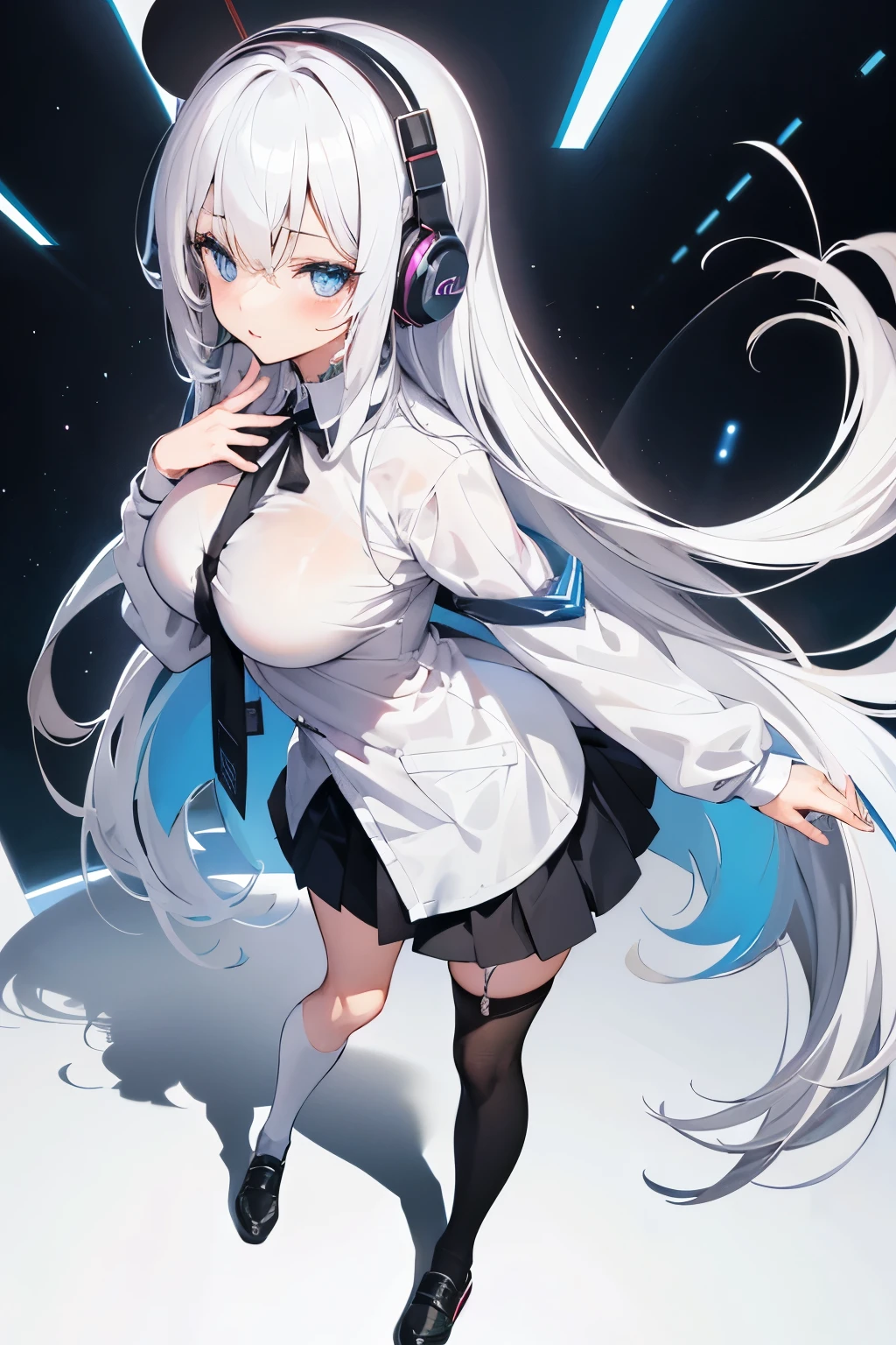 "anime girl, 1 person, silver white hair mixed with black, blue eyes, wearing headphones, female shirt, female school uniform, big breasts, chin in hand, stockings, standing cross-legged, licking lips,chibi,full body ,solo,side view, (full HD 4K+ image)"