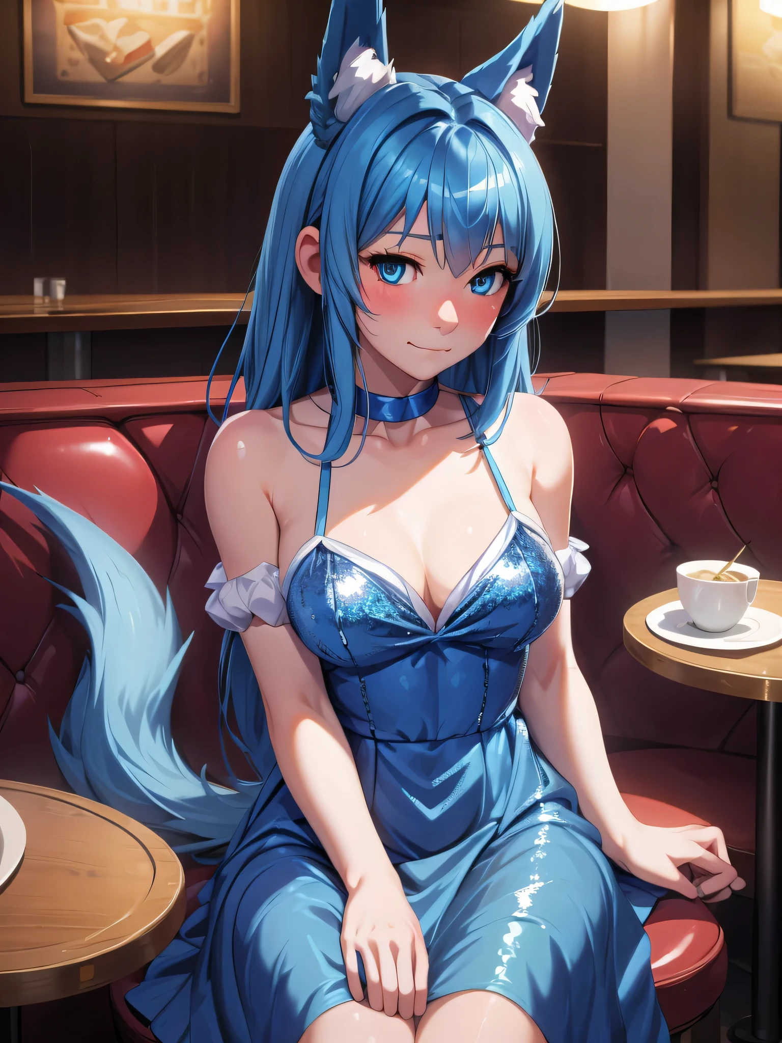 (Masterpiece) (High Detail) (High Res) A short petite humanoid girl with pale human skin and blue eyes and long blue hair and blue dog ears and a big fluffy dog tail and small average breasts. British face. She is sat alone at a table in a restaurant and is wearing a blue sequin covered dress. She looks shy.