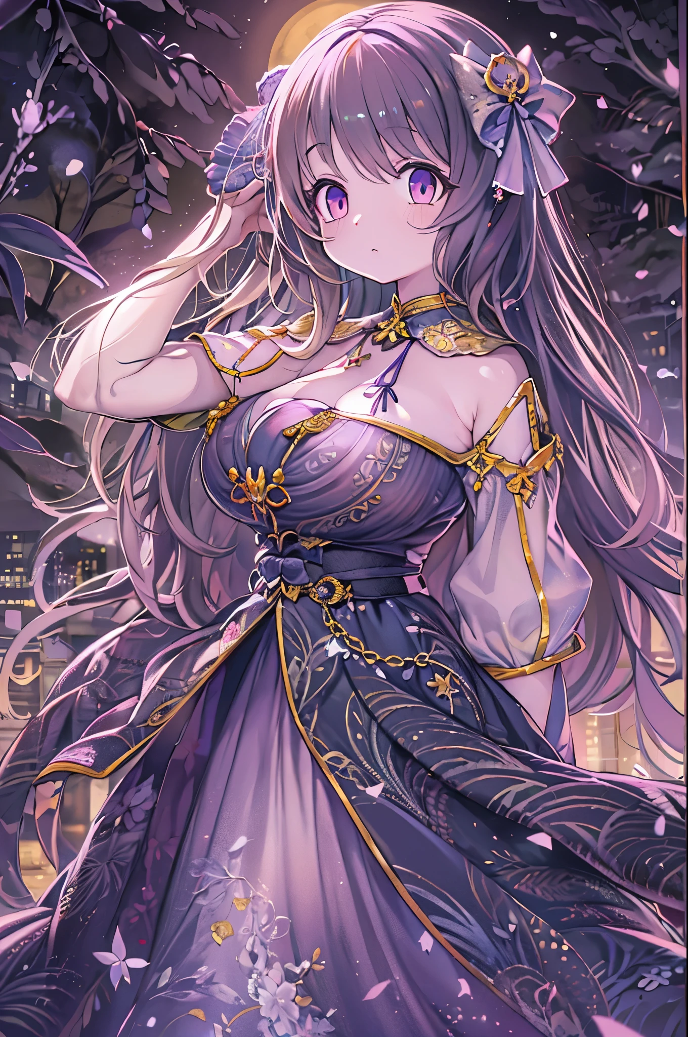 Detailed background, masutepiece, Best Quality, 1 person , Curly hair, Long hair, Purple eyes, Stars in the eyes , Strapless blouse, long skirt、huge-breasted