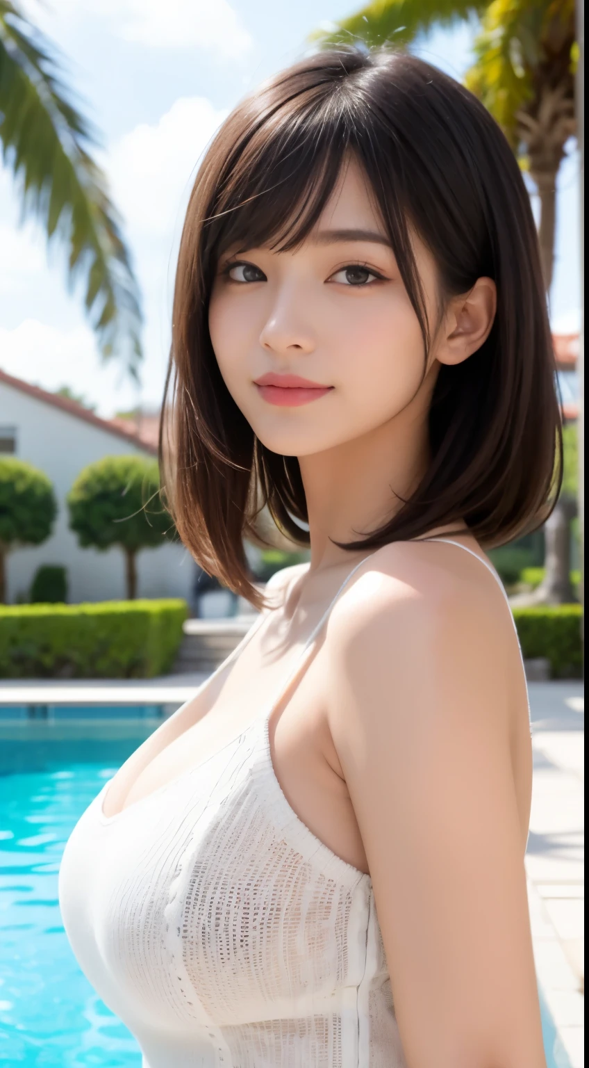 ,1 Japanese girl, cute small round face, pretty attractive face, droopy eyes, medium hair, big breasts, BREAK (stylish and pop professional portrait photography: 1.2), (active athlete girl: 1.3), (naked: 1.4), (thick pubic hair: 1.2), (at luxury open air resort pool: 1.3), (light rays: 1.3), BREAK fun feeling, dynamic pose, dynamic angle, standing pose, (full body: 1.4), (happy facial expression: 1.1), (lively smile: 1.2), BREAK (absurd: 1.3), (hyper-detailed photo: 1.5), (detailed face and skin: 1.3), (ultra-high resolution: 1.5), (photorealistic: 1.5), hyper-realistic photo, highest quality, symmetrical clear eyes, well-groomed face, (ray tracing: 1.3), natural, smooth and moisturized facial skin texture