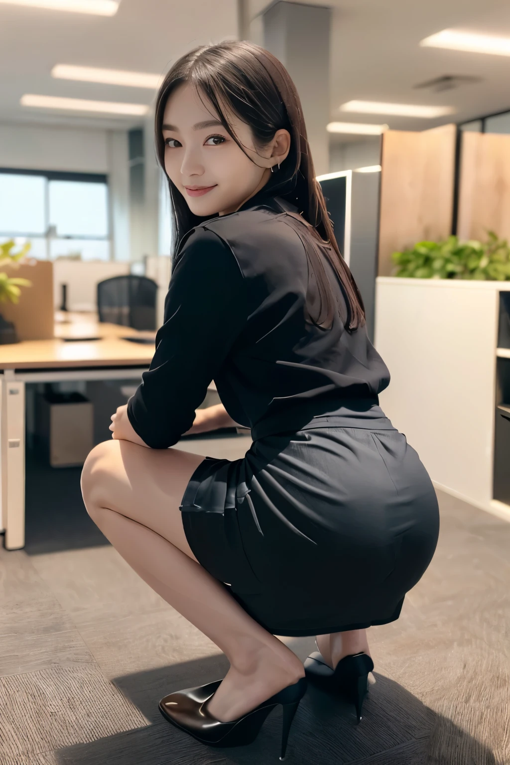 masuter piece, Best Quality, Ultra-detailed, finely detail, hight resolution, in 8K,Wallpaper, Perfect dynamic composition, Natural Color Lip,Japan woman at 30 years old、a baby face、(wearing a black one-piece uniform),((Long skirt:1.5))、Low Heels、Small butt、((There are traces of pants on the skirt))、(Longhaire:1.3),（Don't show your face:2.0),drawn action: (girls have to squat:1.5),I want to convey the lonely atmosphere,(working in an office:1.4),(Full body:1.3),Shot from behind、A slight smil