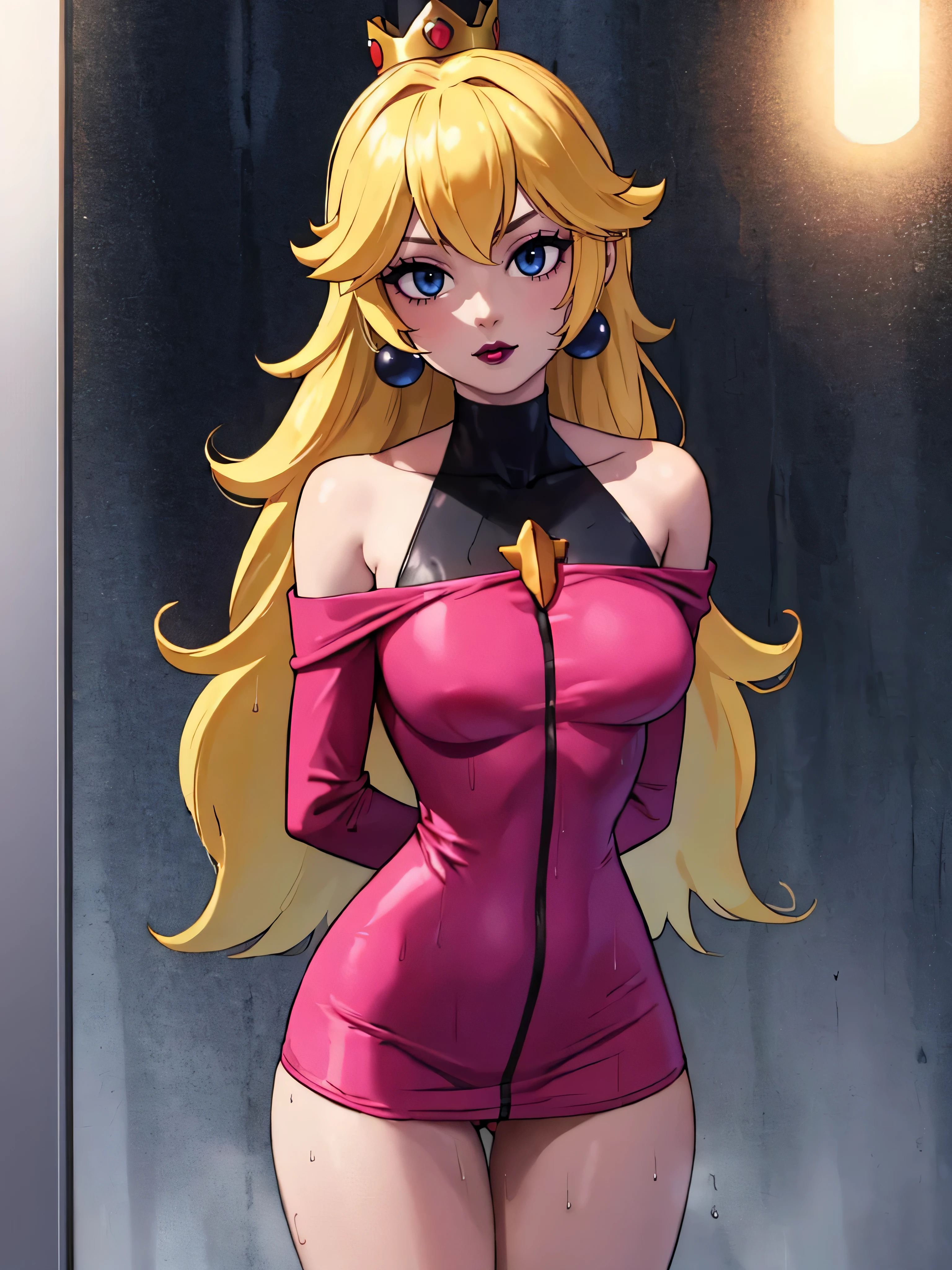 ((high detailed, best quality, 4k, masterpiece, hd:1.3)), ((best quality)), (((HD))), (((8k))), (ultraDH), (ultra HD), in the sauna, steamy sauna, in sauna, in a steamy sauna, Princess Peach, neon_blue_eyes, BREAK_blue_eyes, seductive, attractive, shy_smile, smooth anime cg art, 36C_breasts, long legs, vivid colors, detailed digital art, slim body, perfect skin, blonde_hair, long_blonde_hair, long_blonde_hair_over_breasts, blonde_hair_over_breast, wet hair, wet_blonde_hair, wet_blonde_hair_over_breast, BREAK crown, looking at viewer, BREAK looking at viewer, extremely detailed face, pink streched dress, pink dress, Princess Peach dress, sexy_mini_black_thong, sexy_mini_black_gstring_thong, black_small_thong, black_thong, earrings, gem, dark black makeup lips, dark gothic eyeshadows, dark eyeshadows, black eyeshadows, black sexy lips, black lips, dark lips, very dark lips, (perfect_hands), (perfect_anatomy), black makeup, black medium lips, detailed_fingers, five_fingers_per_hand, 5_fingers, five_fingers, (1 girl), ((1 solo girl)), detailed_lips, detailed black lips, black painted lips, gothic painted lips, body_pressed_on_the_crystal, body_pressed_on_the_glass, body_against_the_glass, body_against_glass, (off shoulder:1.1), (arms behind back:1.2),