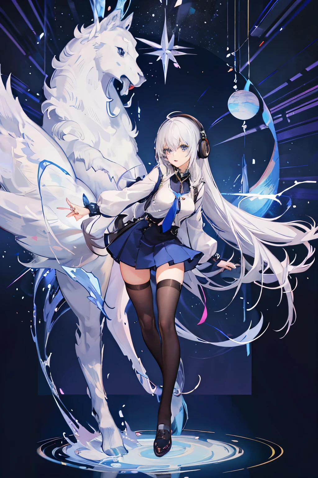 "anime girl, 1 person, silver white hair mixed with black, blue eyes, wearing headphones, female shirt, female school uniform, big breasts, chin in hand, stockings, standing cross-legged, licking lips,chibi,full body ,solo,side view, (full HD 4K+ image)"