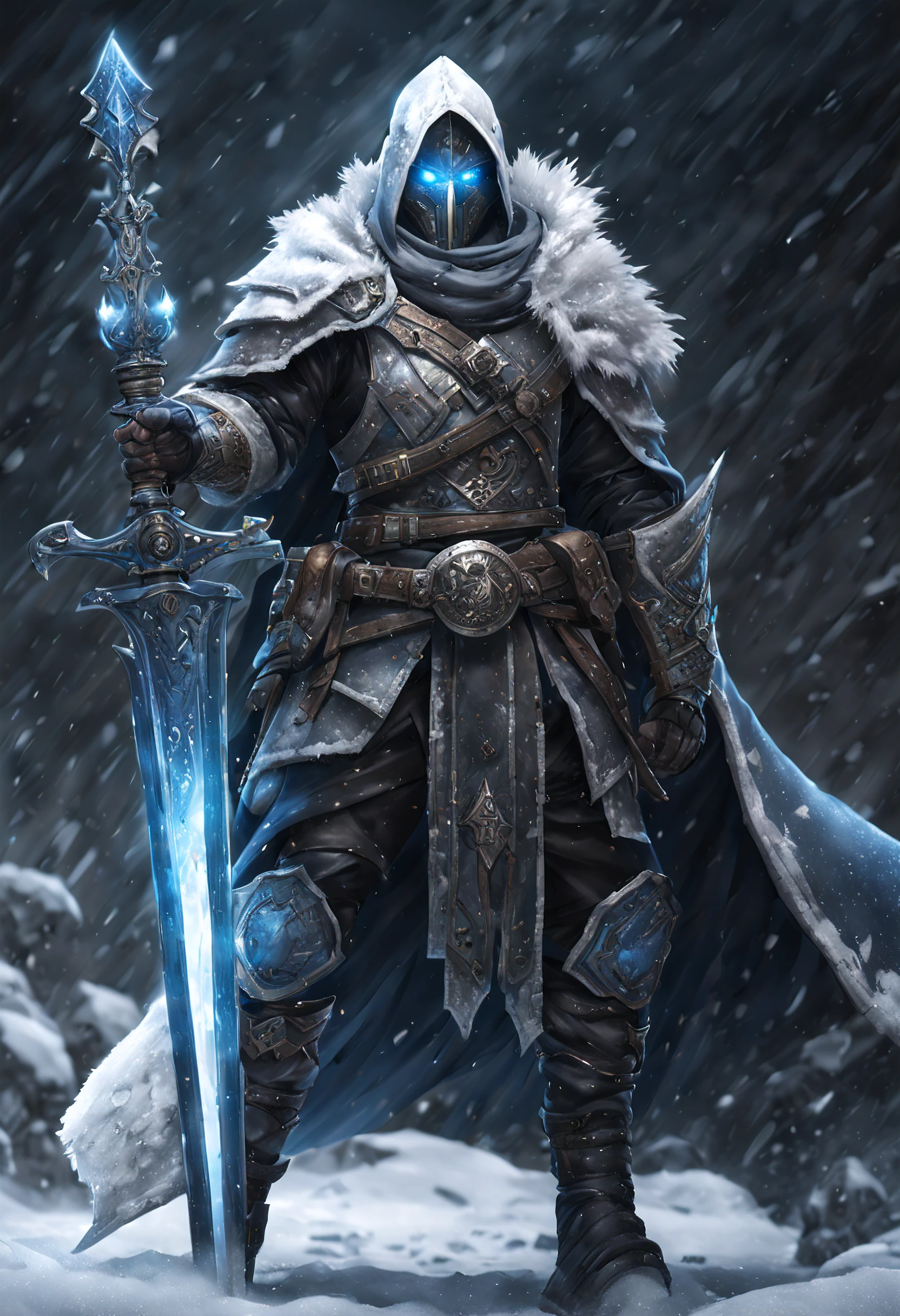 western fantasy，Huge slim-fitting frost armor，towering helmet，White breath spurts out from the mouth，high high quality, Complicated details,A high resolution,structurally correct，Tattered blue cloak，Holding a frost sword，tas&#39;It's snowiny&#39;my浑身冷，midynight，lightand shade contrast，Full body photo from the side，Dark fantasy style，Complicated detailsantasyart，concept-art，character  design，unreal-engine，Perfectcomposition，Reasonable limbs，Steampunk scene，depth of fields，style of anime，日本style of anime