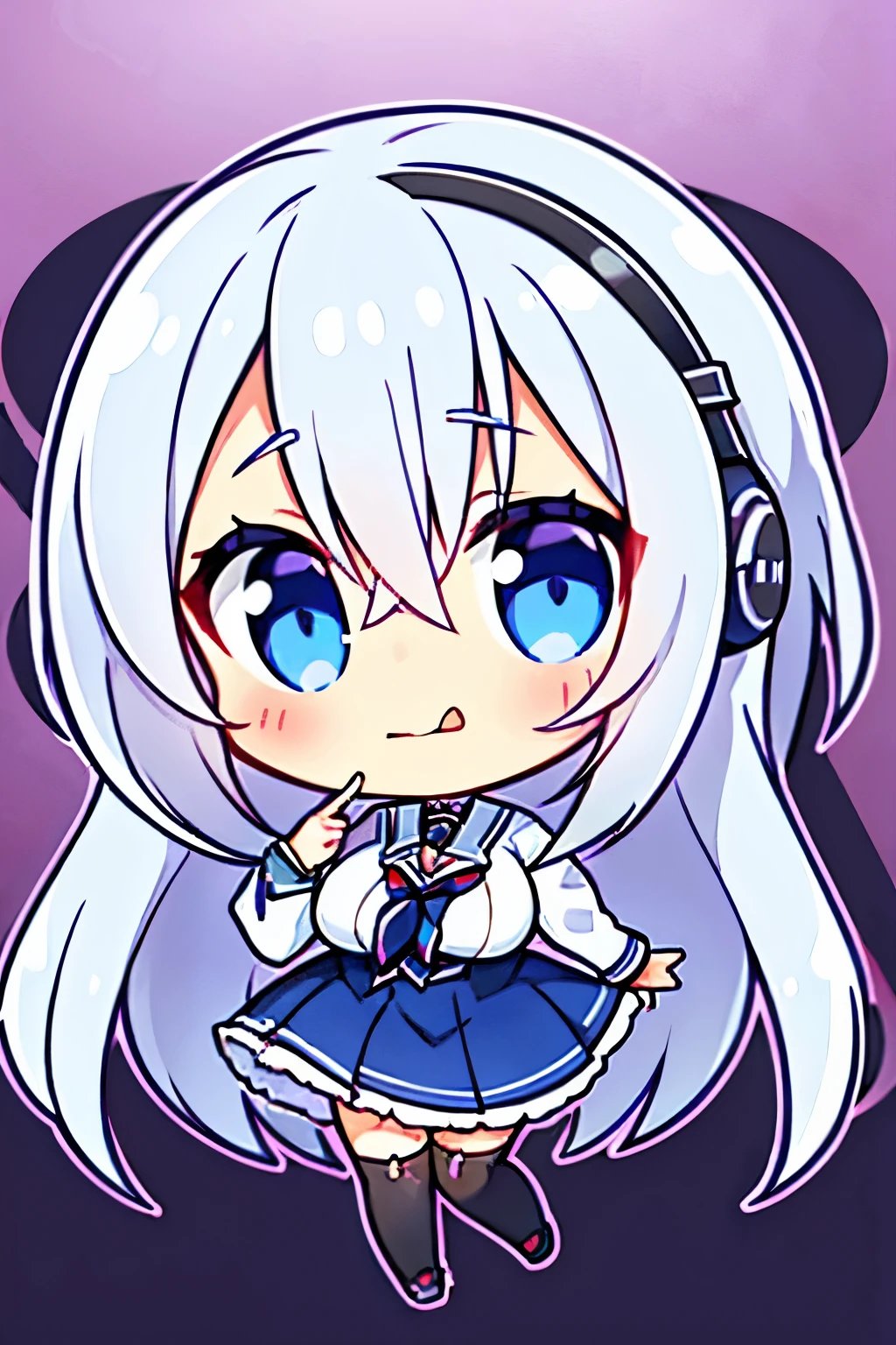 "anime girl, 1 person, silver white hair mixed with black, blue eyes, wearing headphones, female shirt, female school uniform, big breasts, chin in hand, stockings, standing cross-legged, licking lips,chibi,full body ,solo,side view, (full HD 4K+ image)"