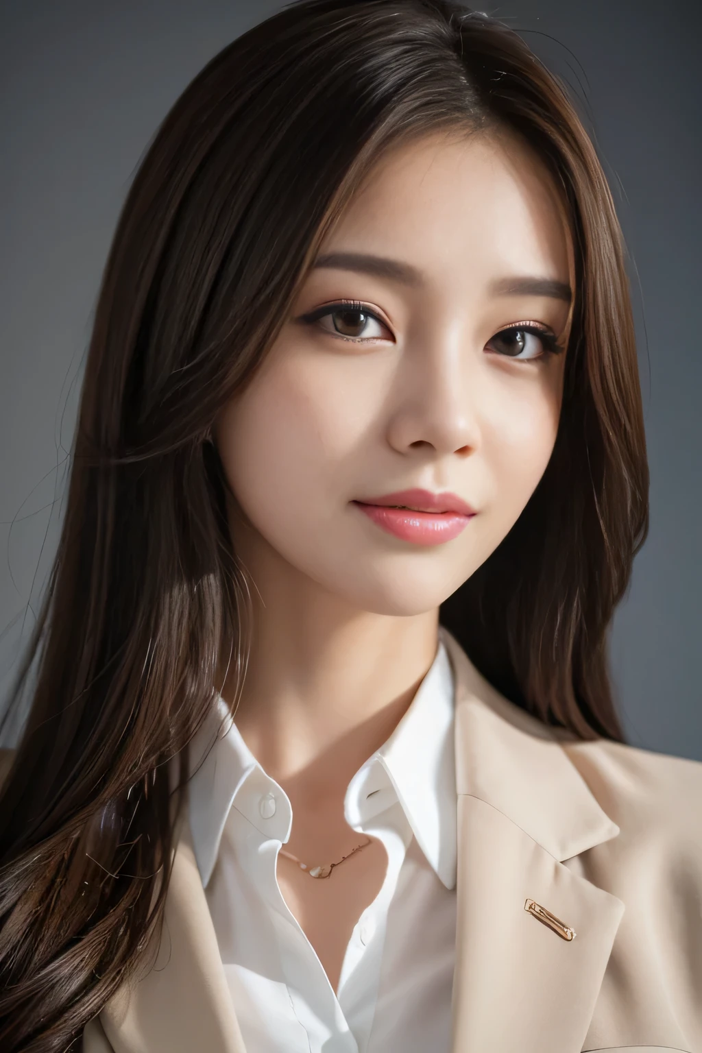 Best quality, realistically, ultra - detailed, Detailed pubic hair, A high resolution, solid color backdrop，8k wallpaper, 1 Beautiful woman,light brown messy hair,  Wear a flight attendant suit, lock focus, Perfect dynamic composition, beautidful eyes, Delicate hair, 细致realistically的皮肤纹理, Smiling, closeup portrait, Model body type
