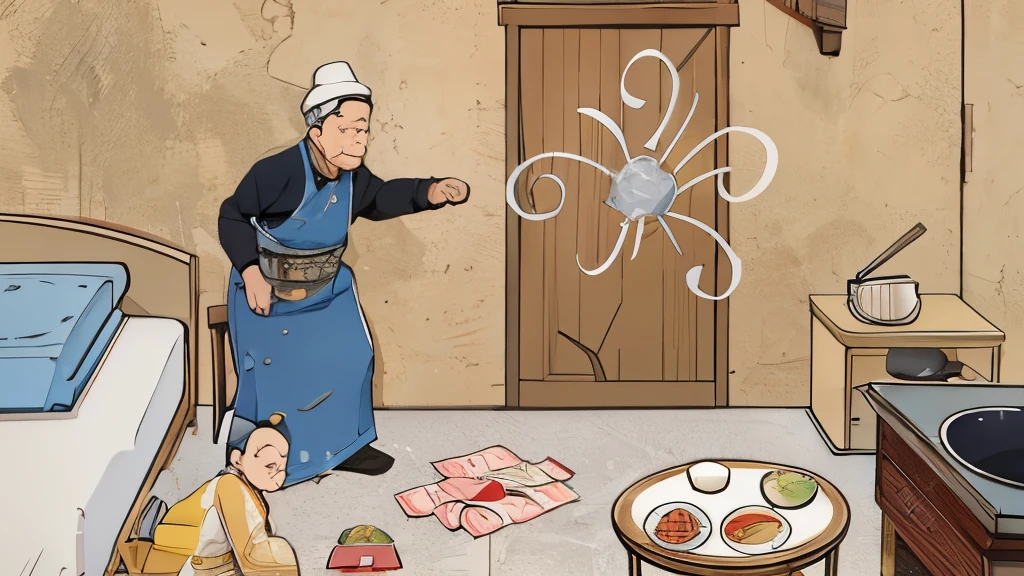 Illustration of Artsakh,A family wearing Bei Dong costumes、Your's、Life scenes。pic, You can see the entire Dong family gathered together.,Family sharing dinner at the table,The table is filled with various local specialties,Tapas、Enjoy a meal。Through this painting,Feel the harmony of Northeastern families。