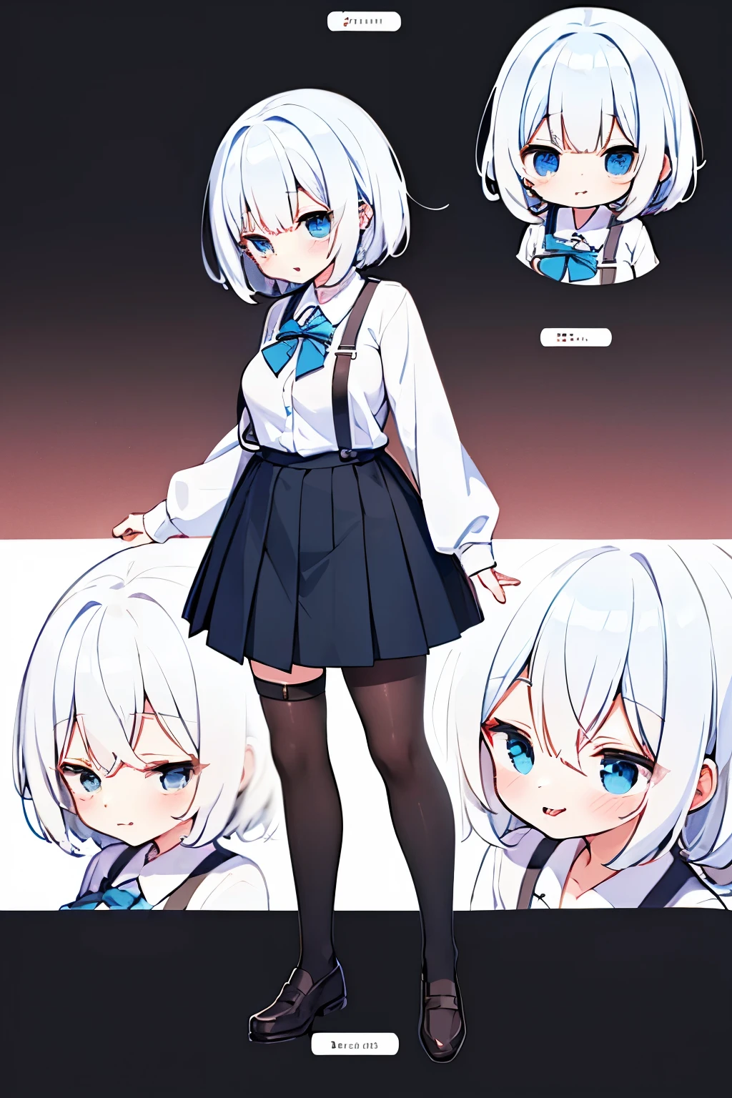 "anime girl, 1 person, silver white hair mixed with black, blue eyes, wearing headphones, female shirt, female school uniform, big breasts, chin in hand, stockings, standing cross-legged, licking lips,chibi,full body ,solo,side view, (full HD 4K+ image)"
