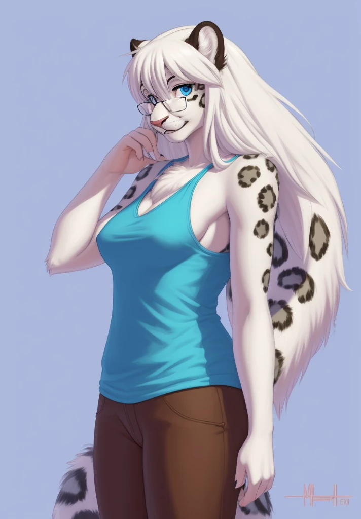 by meesh, (best quality, masterpiece:1), solo, anthro, furry, female, ((Snow Leopard)), blue eyes, white hair, shaggy long hair, portrait, fingers, finger claws, looking at viewer, snow leopard tail, ((large tuft of hair on the chest)), ((clothed)), ((medium breasts)), perky, braces on teeth, dull eyes, glasses, ((1woman)), white fur, fluffy fur, shaggy fur, ((character reference)), ((side view)), ((rear view)), ((front view)).