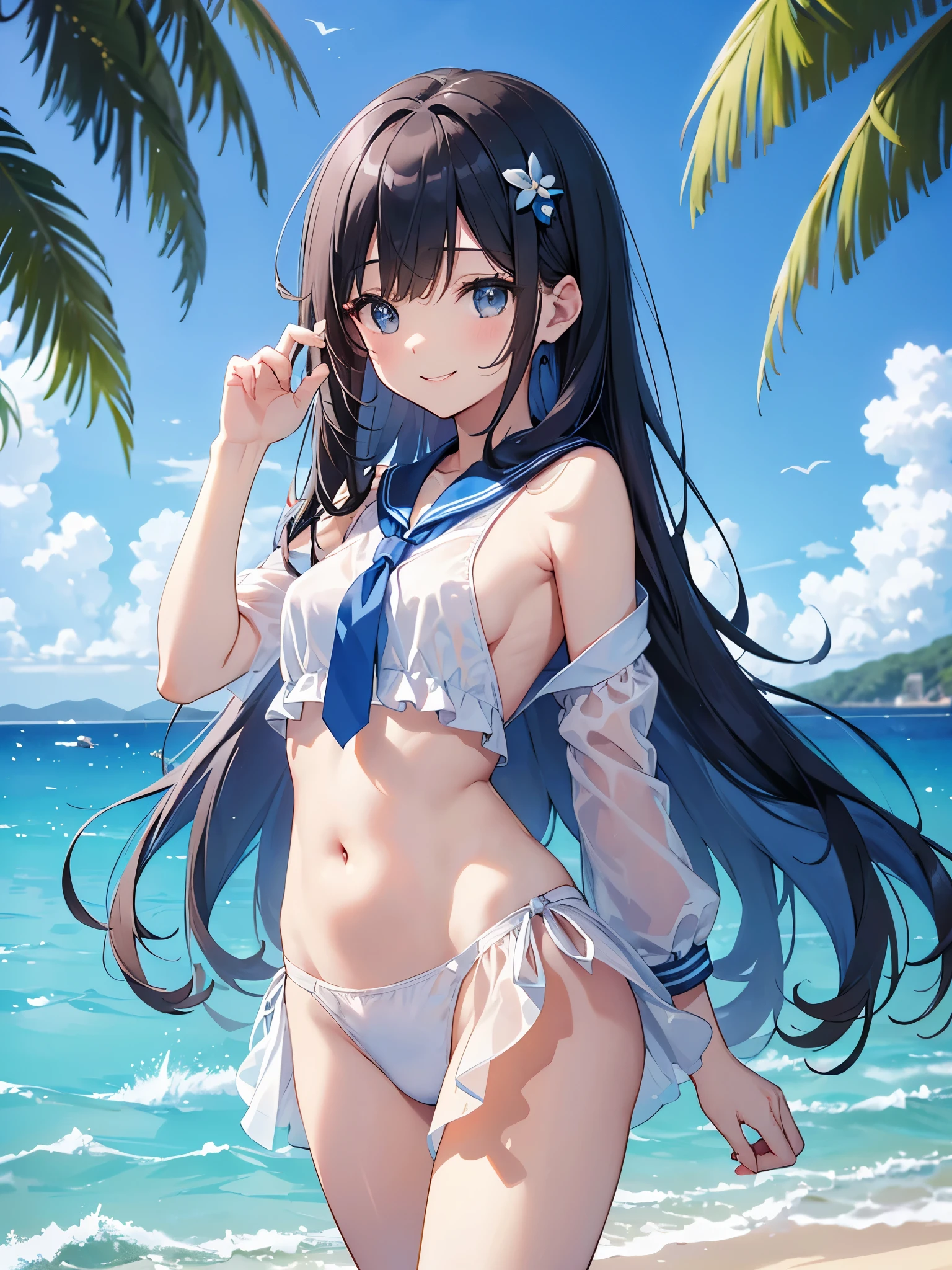 ((4K、8K、top-quality、Perfect fingers: 1.perfect anatomia: 1.3、Background blur))、((10yaers old、Lori、small tits 、cute big droopy eyes、stright long hair、a beautiful slender girl、A smile))、（a sailor suit、swim wears：1.1）、Full-body angle、Blue sky and white sand beach、