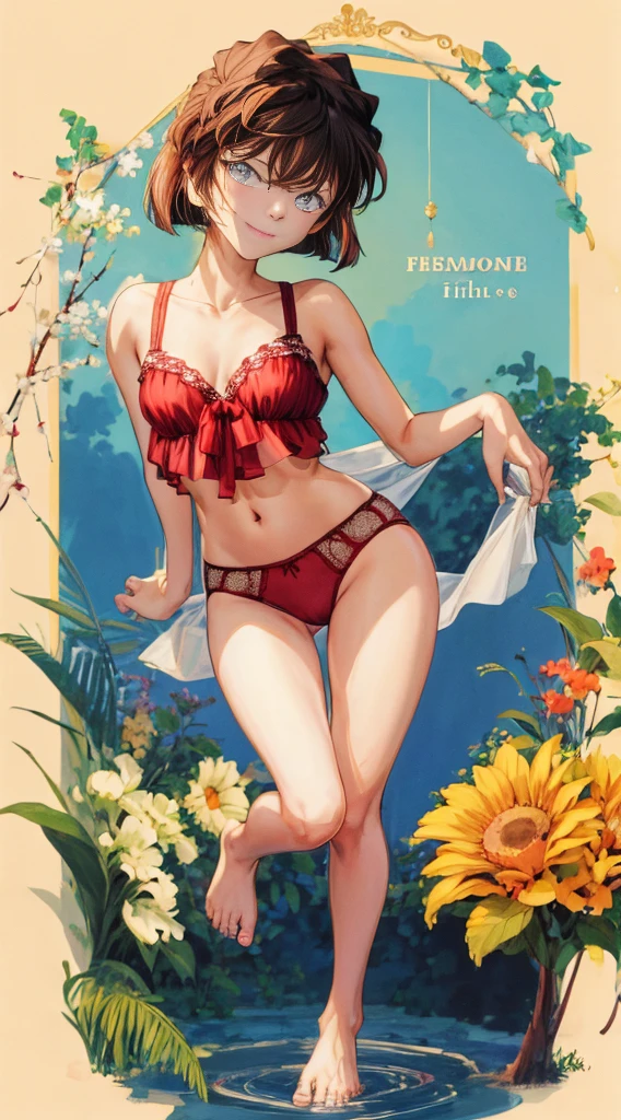 masterpiece、Highest quality、Amazing details、Detailed Background、Line art、Written boundary depth、Flat Shading、Mucha style、Art Nouveau、Botanical Art、Flower Art、Surrounded by many flowers、、girl、15 years old、White underwear、White bra、Vintage Color、colorful、Anatomically correct、plump、Showing off your armpits、Expressive eyes、Perfect Face、Black Hair、short hair、Seiko-chan Cut、Embarrassing、She is blushing、Browsing Caution