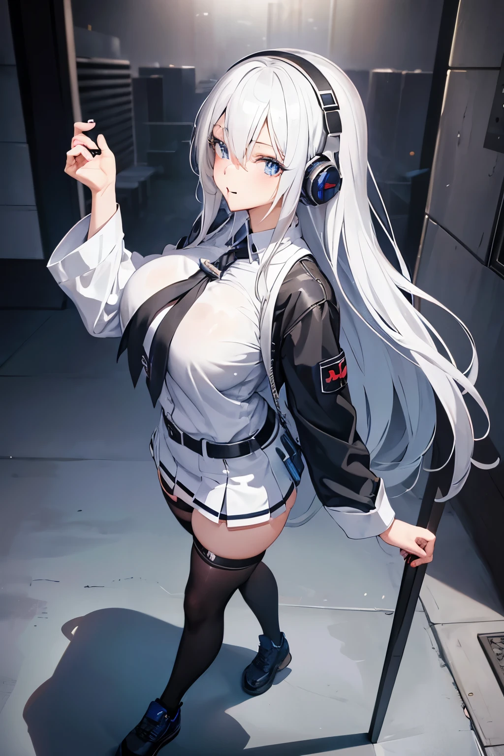 "anime girl, 1 person, silver white hair mixed with black, blue eyes, wearing headphones, female shirt, female school uniform, big breasts, chin in hand, stockings, standing cross-legged, licking lips,chibi,full body ,solo,side view, (full HD 4K+ image)"