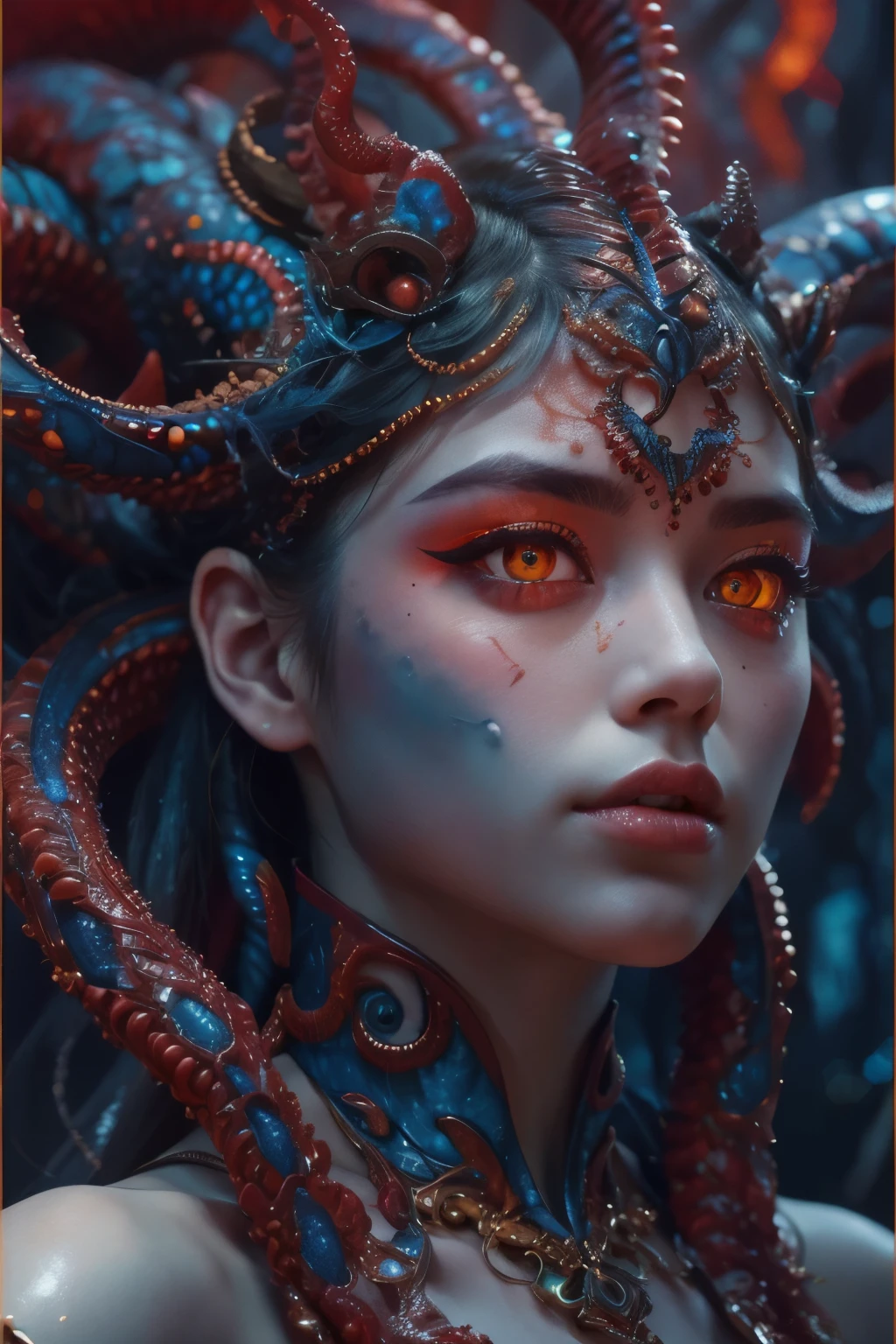(Female Alien:1.2), (The most beautiful face in the history of the universe:1.2), seduces, red eyes, Full body like, A sexy, alien, No humans, an alien, cells are fused, Multiple hands, (Lots of blue tentacle skin:1.3), extraterrestrial, cell, bio image, 魅惑的, Best Quality, 8K,4K_quality, high_Definition,Dramatic Lighting, masutepiece:1.5,cinematic quality, detail up, (Intricate details:1.2), high resolution, High Definition, drawing faithfully, (Thick eyebrows:1.2), (Big scarlet eyes:1.6), Beautiful eyes with fine symmetry, (Ultra detailed eyes:1.2),(Highly detailed face and eyes:1.2), (High-resolution red-eye:1.4), Intimate face, (Super detailed skin quality feeling:1.4), Perfect Anatomy,  (Beautiful toned body:1.5),  (Moist skin:1.2), No makeup, (dark circles:1.1), long canines, cinematic drawing of characters, ultra high quality model, cinematic quality, detail up, (Intricate details:1.2), high resolution, High Definition, drawing faithfully, Official art, Unity 8K wall  , 8K Portrait, Best Quality, Very high resolutio, ultra detailed artistic photography, Midnight Aura,  Unreal Engine 5, ultra sharp focus, Art by Alberto Seveso, artgerm, loish, sf, intricate artwork, medusa