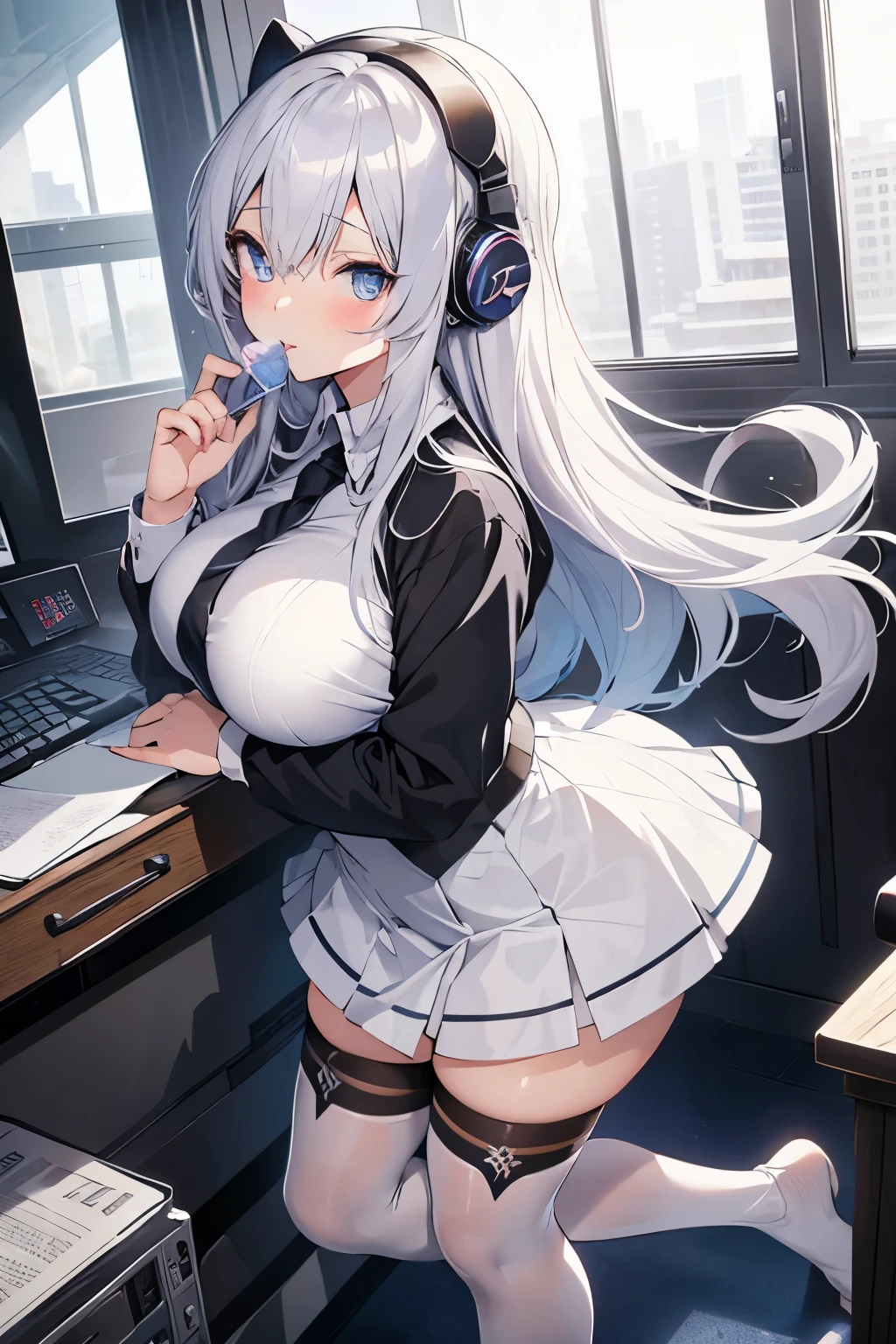 "anime girl, 1 person, silver white hair mixed with black, blue eyes, wearing headphones, female shirt, female school uniform, big breasts, chin in hand, stockings, standing cross-legged, licking lips,chibi,full body ,solo,side view, (full HD 4K+ image)"