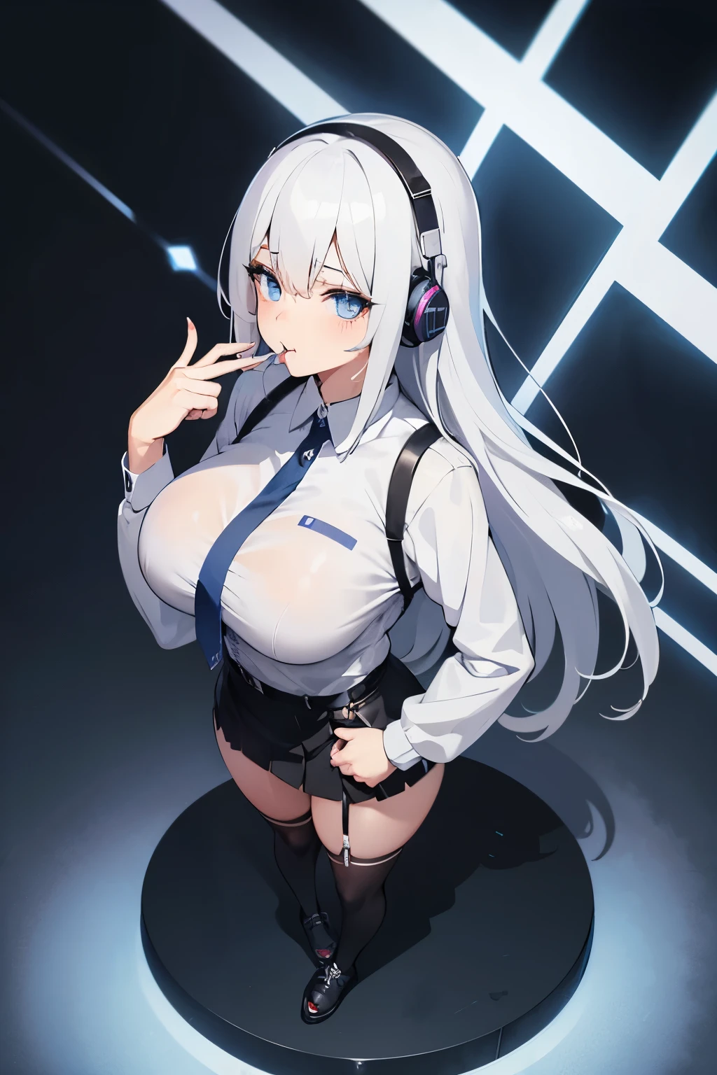 "anime girl, 1 person, silver white hair mixed with black, blue eyes, wearing headphones, female shirt, female school uniform, big breasts, chin in hand, stockings, standing cross-legged, licking lips,chibi,full body ,solo,side view, (full HD 4K+ image)"
