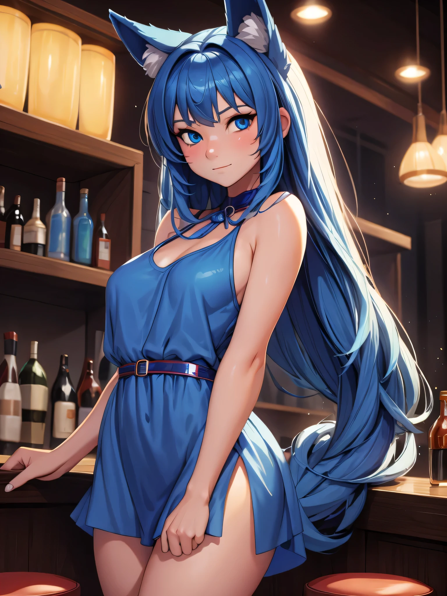 (Masterpiece) (High Detail) (High Res) A close up of short petite humanoid girl with pale human skin and blue eyes and long blue hair and blue dog ears and a big fluffy dog tail and small average breasts. British face. She is stood alone against the bar in a nightclub and is wearing a blue sequin covered dress. She looks shy.