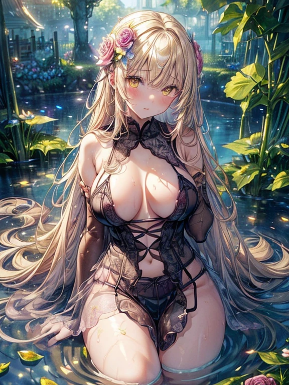 ((Finest quality)),(超A high resolution),(Ultra-detailed細),(Meticulous portrayal),((the most picturesque works of art),Ultra-Precision Art,The art of astounding depiction,Fantasyart:1.5, ((Beautiful flowers々:1.5)),((Creeper:1.5)), (Body eroded by flowers:1.3),Glamorous body:1.3,fancy background effects、masterpiece、Fancy details、(NSFW 1.1), ((1girl in)), ((masutepiece)), ((Highly detailed:1.3)), In crystal clear water,beautiful woman entering the lake, ((long yellow hair)), Wet hair, Wearing a light transparent dress, clothed bathing, steam, (Rose petals floating in water:1.3), Early morning light, Ivory Gold AI, windows, Crepscular lighting, 、Lace sheer underwear、very very gigantic 、Pink nippl areolae,透けて見 nipples、透明なpink arace and string s、princess carry,Sexy lingerie with lace and strs,See-through sexy lingerie,Transparent lingerieanslucent dress、pearlsescent、pearls、Sexy Harness、Sexy garter belt、Sexy Stings、Well equed,intimate, roserden、Multicolored roses、lake with floating roses、Lying down、Open legs、Spread your legs、Open thighs、Immersion in water、Wet body、splash water、gorgeous flower decoration、big flowers、stylish hair、Moon, lantern, Night, Solo, playing in the water, Water, hair flower, flower, Outdoors, skyporn, full Moon, Rain, lantern, wet clothes, skyporn, wet hair (((masutepiece),(the Extremely Detailed CG Unity 8K Wallpapers),Best Quality,Cinematic lighting,Detailed background,Beautiful detailed eyes,Bright pupils, (extremely delicate and beautiful),(Beautiful and detailed eyes description), Ultra-detailed,masutepiece,)),((Yellow eyes))、