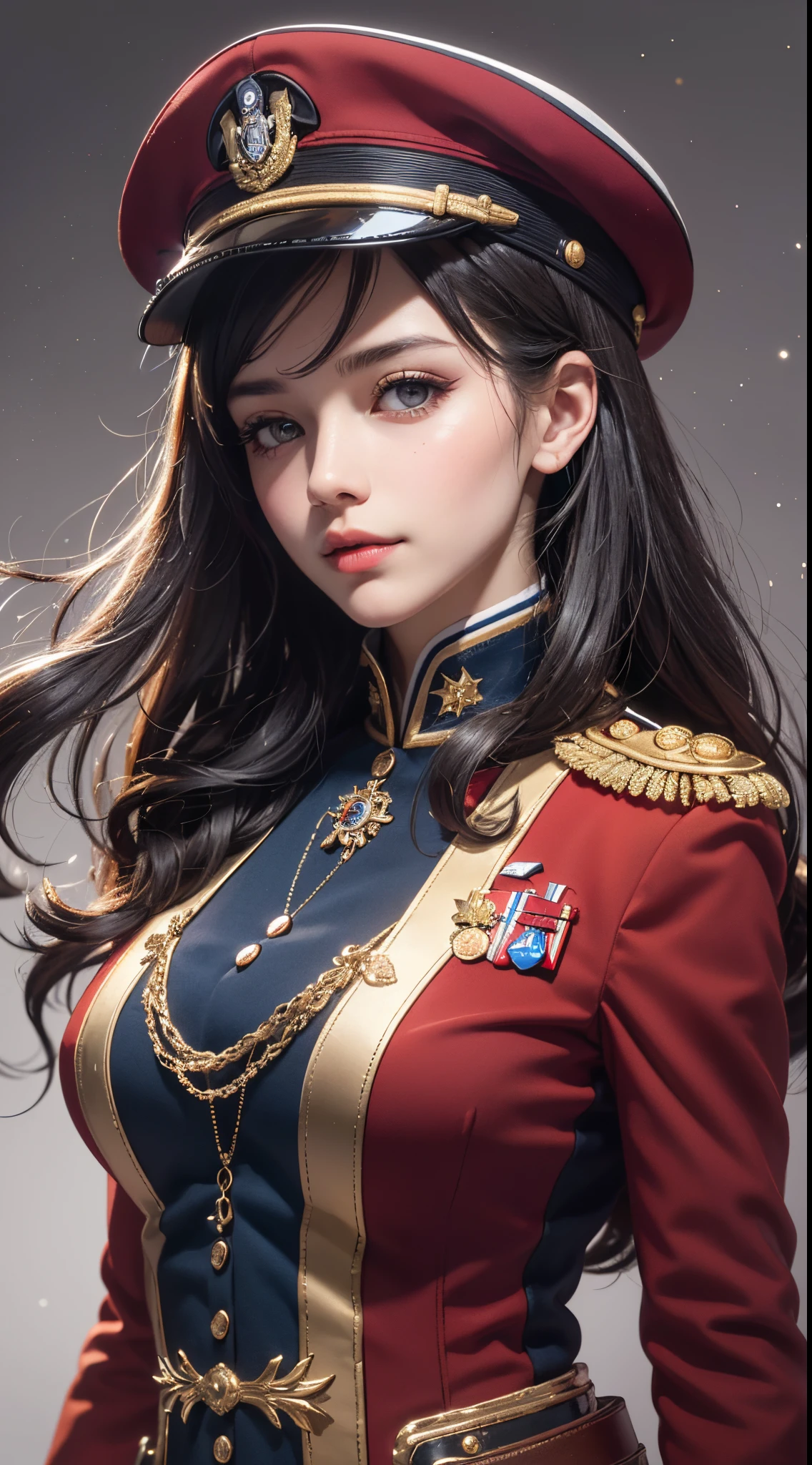 (UHD, retina, masterpiece, ccurate, anatomically correct, textured skin, super detail, high details, high quality, best quality, highres, 1080P, HD, 4K, 8k, 16k), (beautiful detailed eyes, beautiful detailed lips, extremely detailed eyes and face), studio lighting, physically-based rendering, vivid colors, (large breasts, glamorous body), (royal red color, naval uniform coat, rank insignia:1.5), (peaked cap:1.2), (portrait, shiny hair, shiny skin, blush, hair blowing in the wind), (simple background, bokeh:1.5), eye reflection, jet black hair,