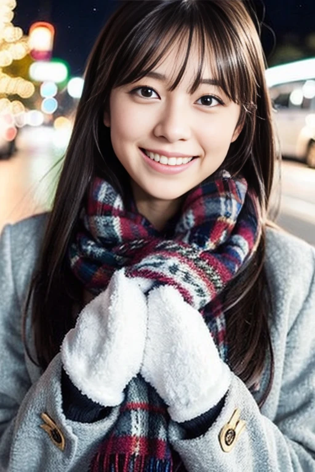 (A close-up of one girl is、I have long hair with dull bangs in a winter uniform and scarf coat:1.5)、(One girl with a shy smile、Holding a gift box with gloves in hand:1.nowy winter night street corner with Christmas lights:1.5)、(Perfect Anatomy:1.3)、(No mask:1.3)、(complete fingers:1.Phototriaritic、Photography、masutepiece、top-quality、High resolution, delicate and pretty、face perfect、Delicate and beautiful air skin around the eyes、Real Human Skin、pores、((thin legs))、(Dark hair)
