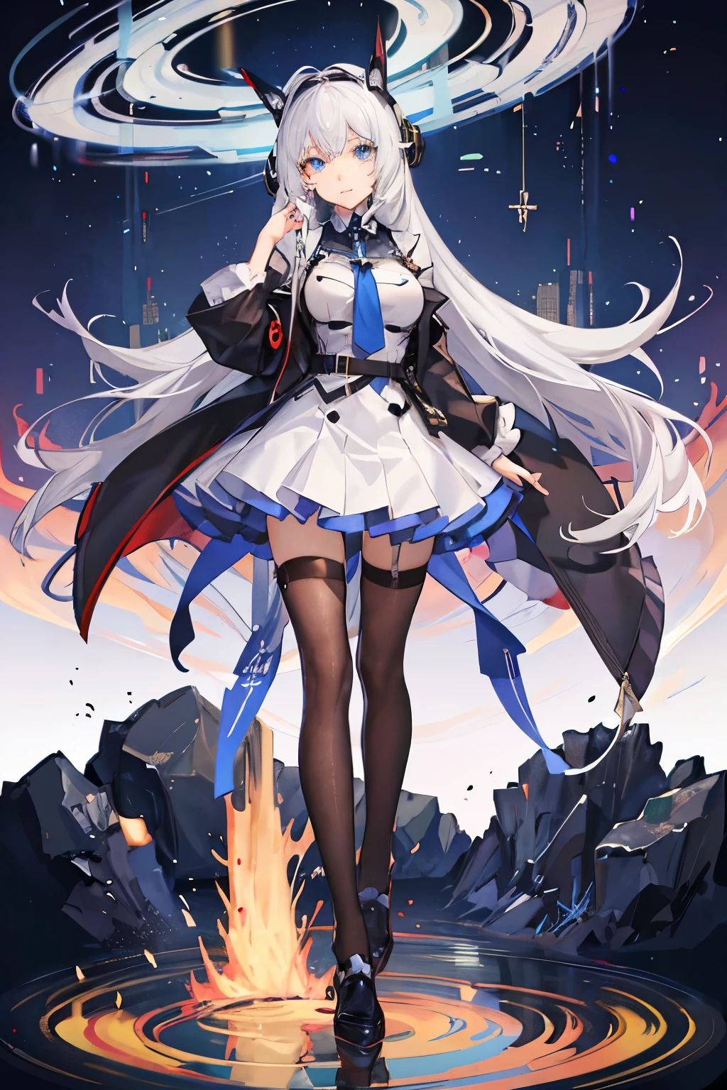 "anime girl, 1 person, silver white hair mixed with black, blue eyes, wearing headphones, female shirt, female school uniform, big breasts, chin in hand, stockings, standing cross-legged, licking lips,chibi,full body ,solo,side view, (full HD 4K+ image)"