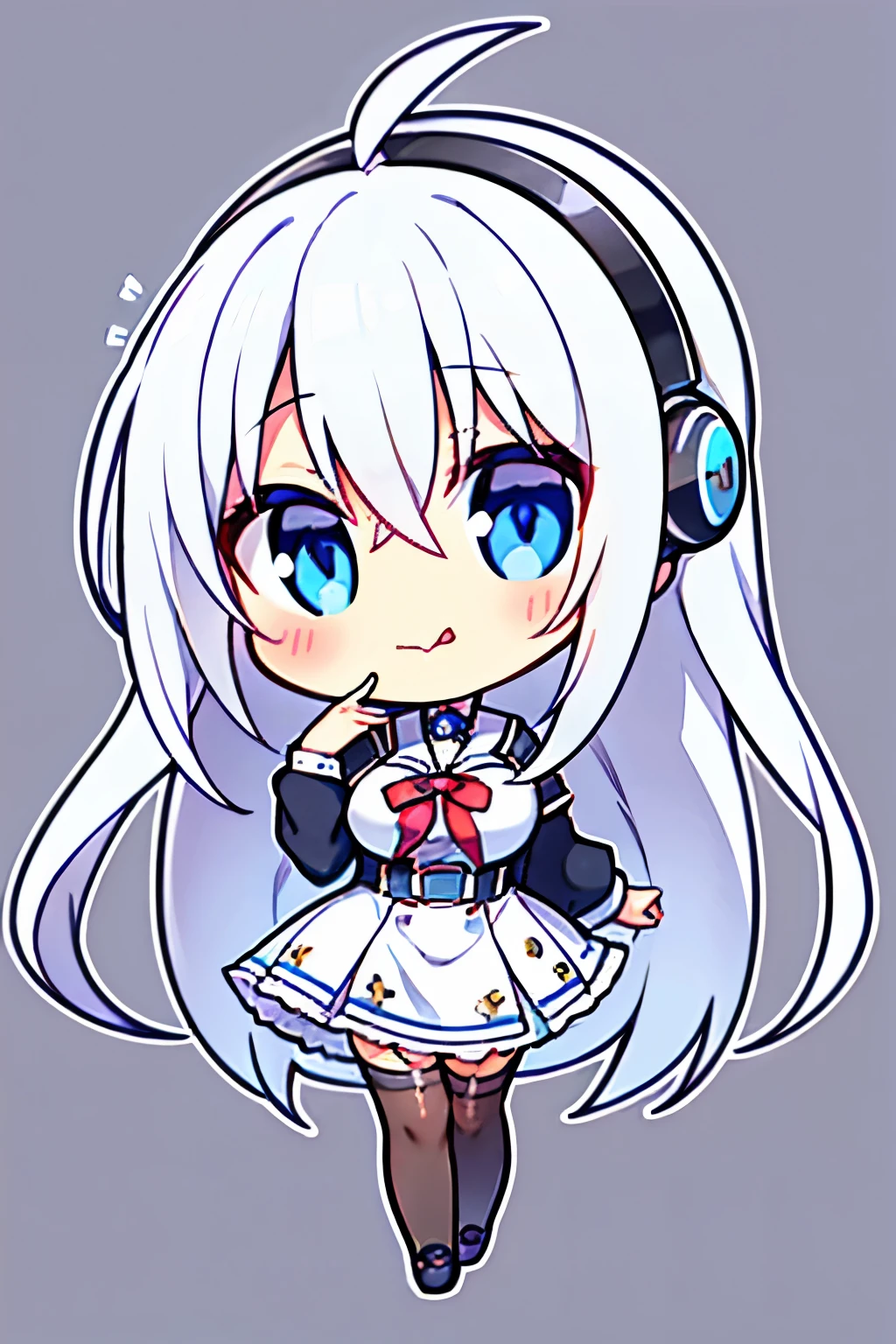 "anime girl, 1 person, silver white hair mixed with black, blue eyes, wearing headphones, female shirt, female school uniform, big breasts, chin in hand, stockings, standing cross-legged, licking lips,chibi,full body ,solo,side view, (full HD 4K+ image)"