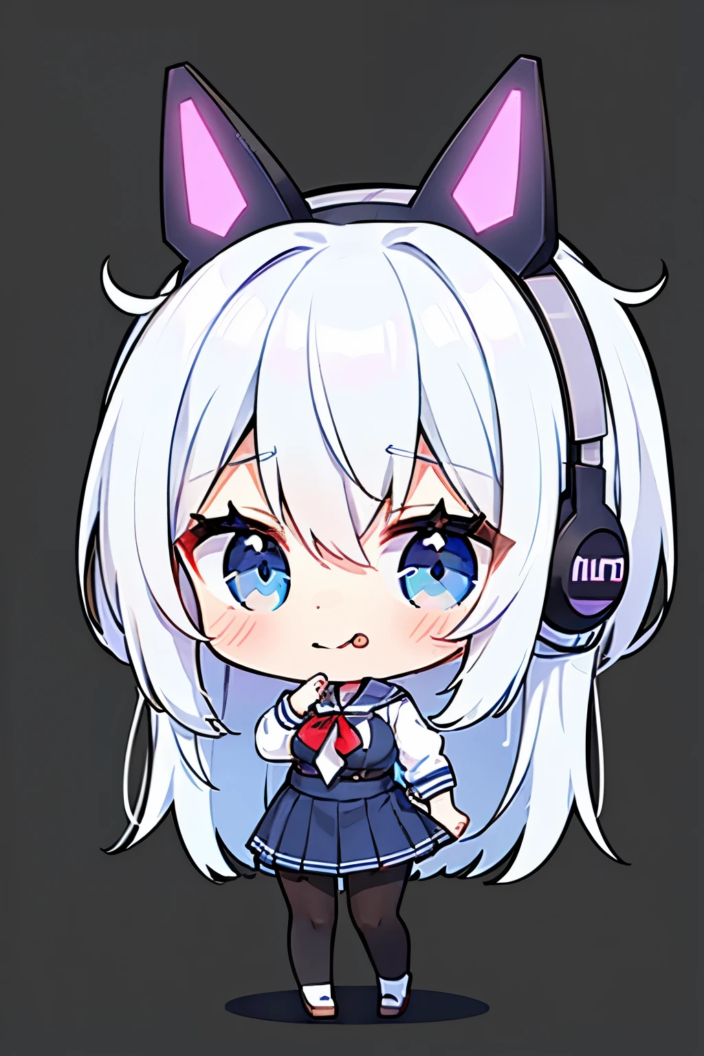 "anime girl, 1 person, silver white hair mixed with black, blue eyes, wearing headphones, female shirt, female school uniform, big breasts, chin in hand, stockings, standing cross-legged, licking lips,chibi,full body ,solo,side view, (full HD 4K+ image)"